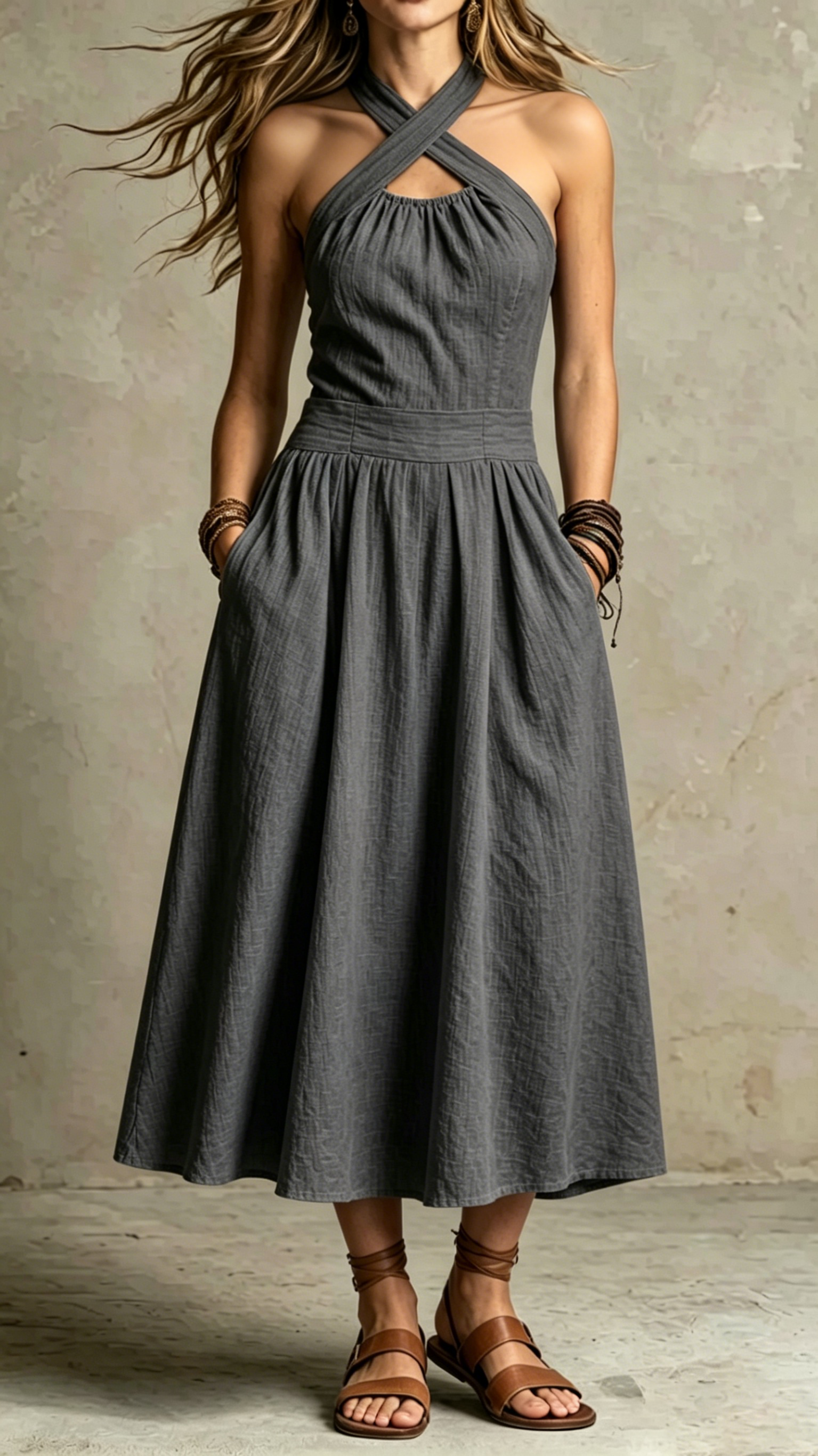 Cross Halter Linen-Blend Midi Dress