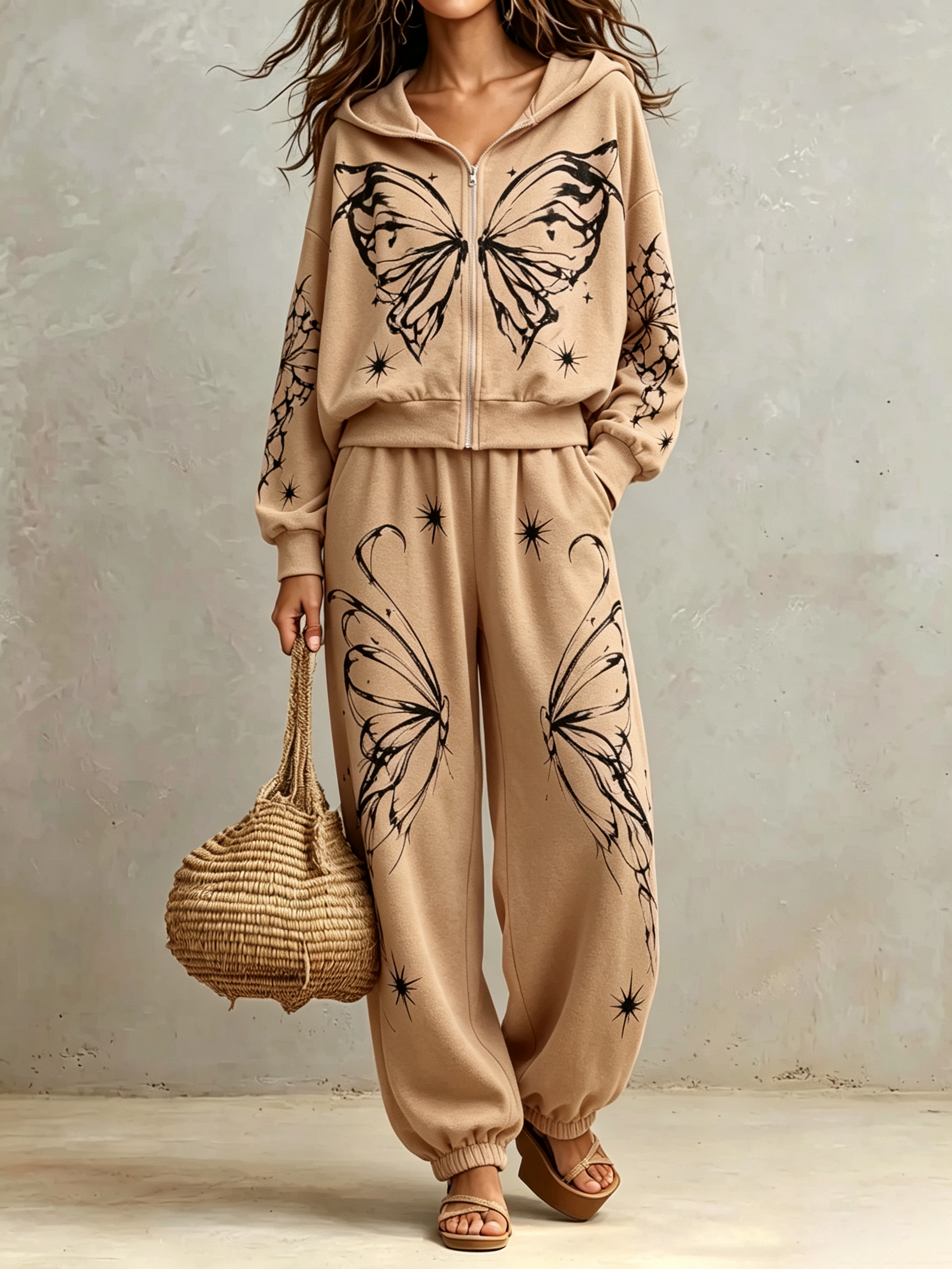 2‑Piece Graphic Co‑Ord Set | Zip‑Up Hooded Jacket & Jogger Pants Butterfly Star Print Casual Loungewear Outfit