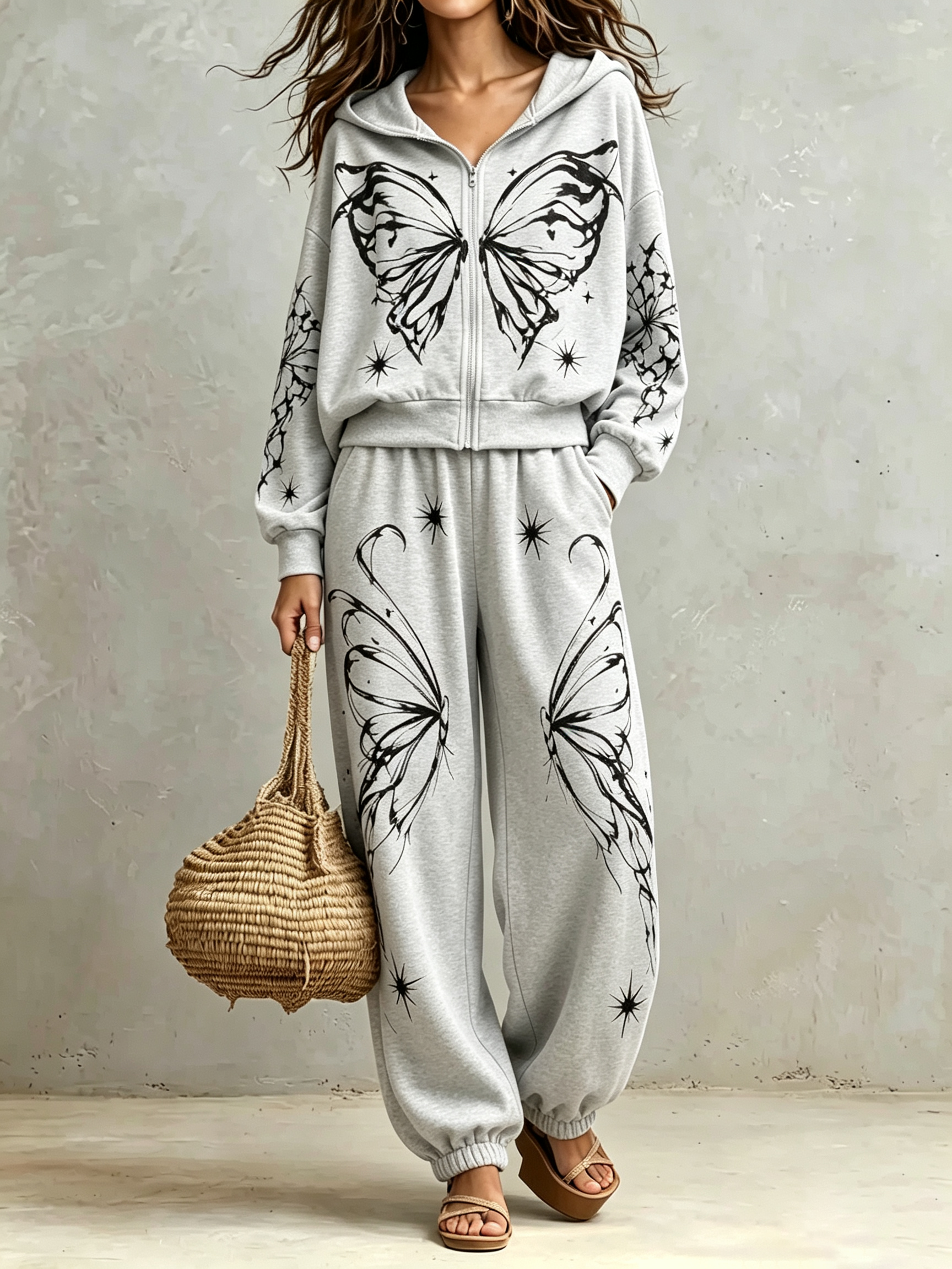 2‑Piece Graphic Co‑Ord Set | Zip‑Up Hooded Jacket & Jogger Pants Butterfly Star Print Casual Loungewear Outfit