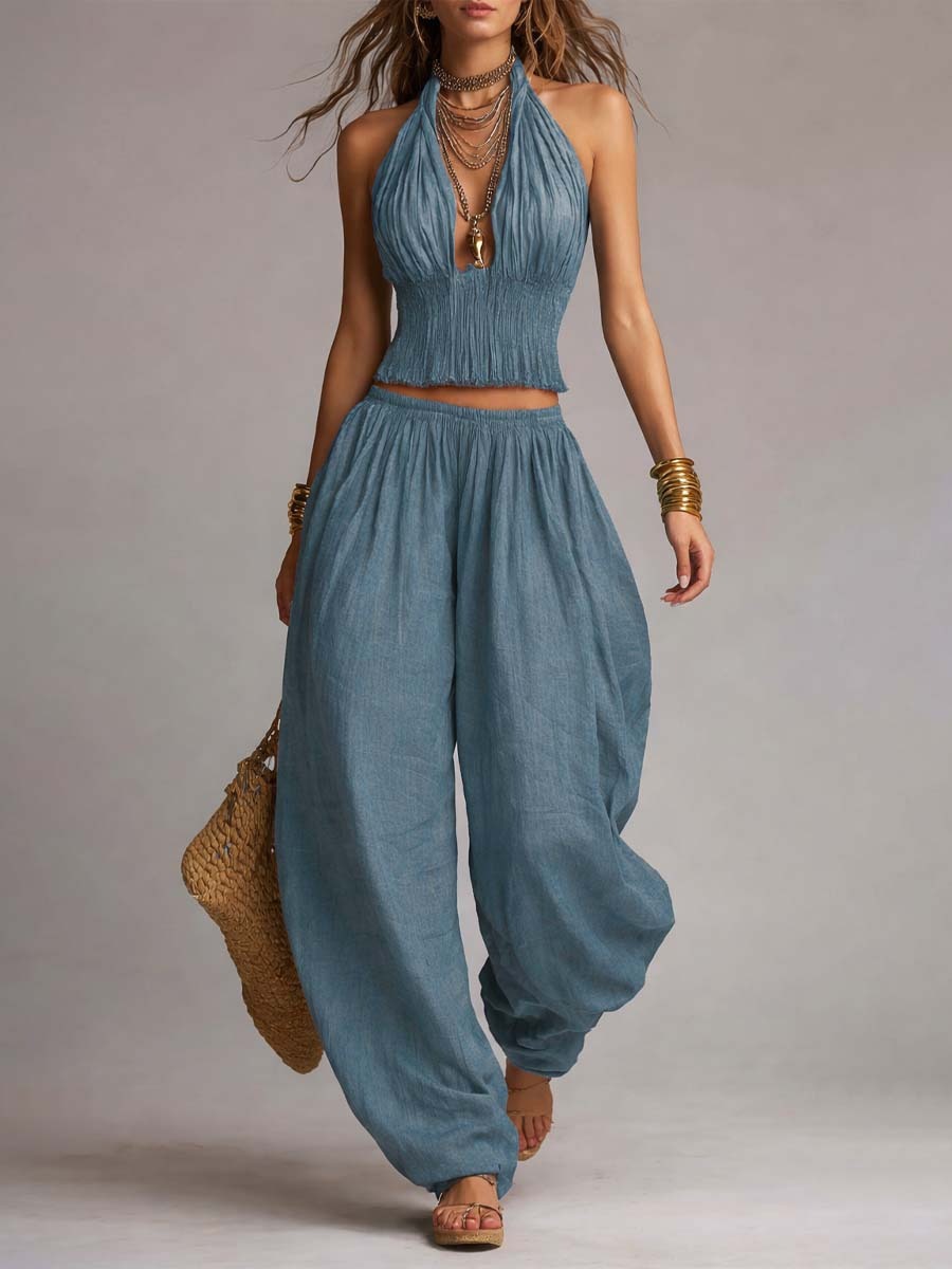 Bohemian Cotton-Linen Halter Smocked Crop Top & Harem Pants Two-Piece Set