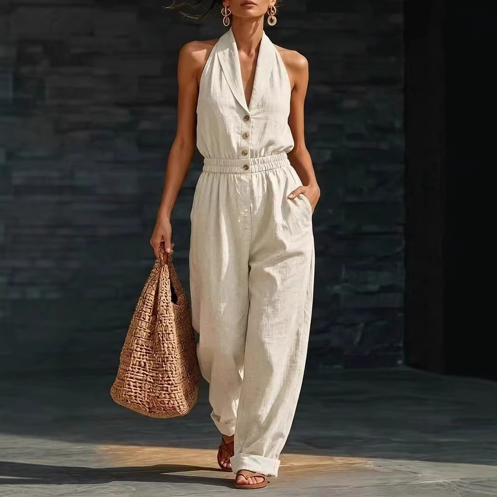 Draped Wrap Sleeveless Linen Two-Piece Set