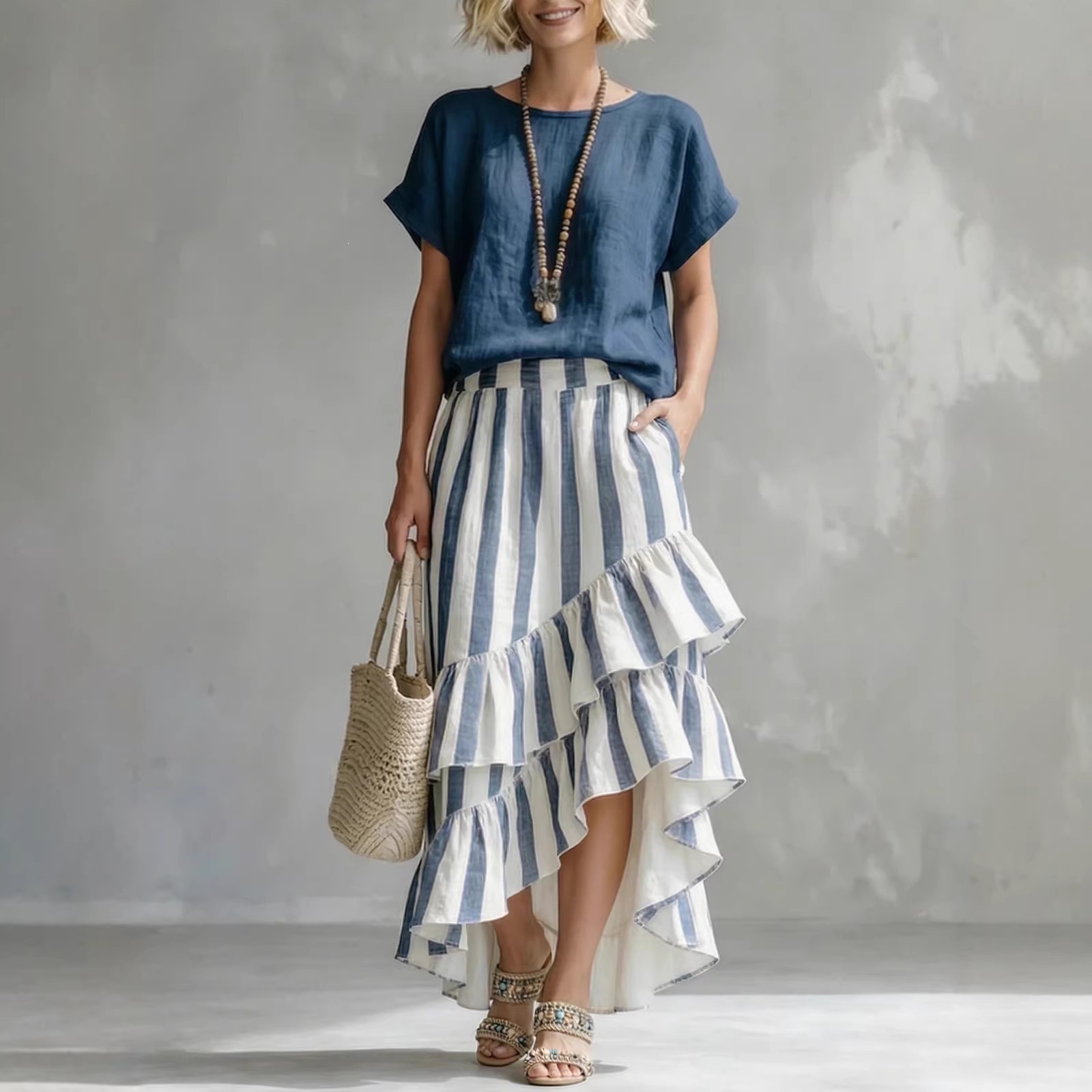Cozy Loose-fit Striped Cotton-linen Two-piece Set