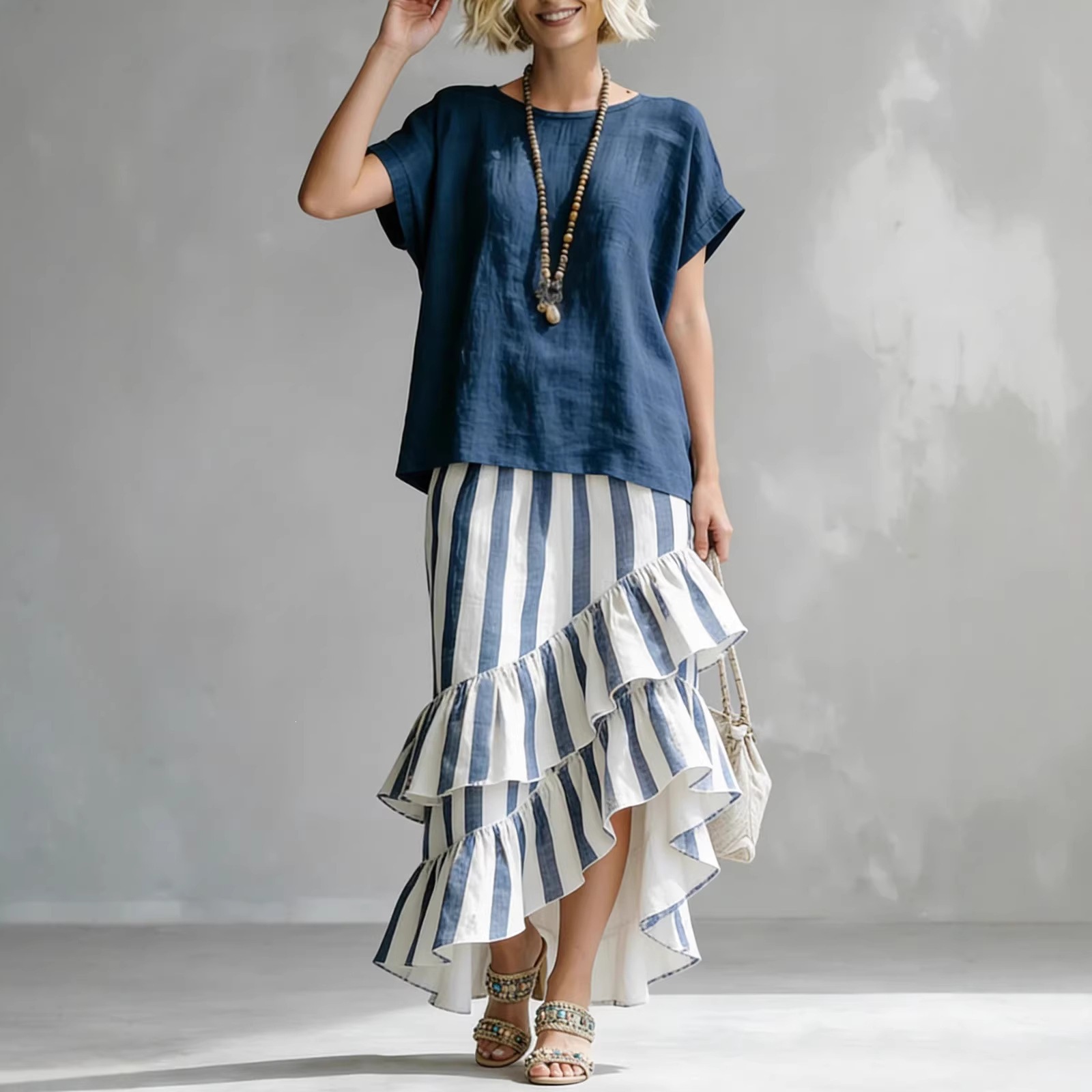 Cozy Loose-fit Striped Cotton-linen Two-piece Set