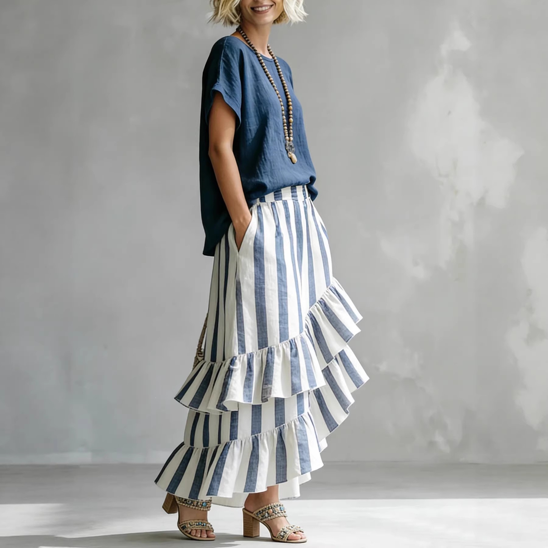 Cozy Loose-fit Striped Cotton-linen Two-piece Set