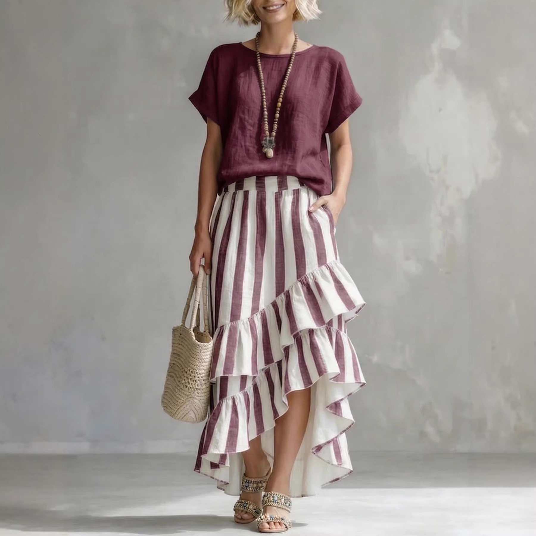 Cozy Loose-fit Striped Cotton-linen Two-piece Set