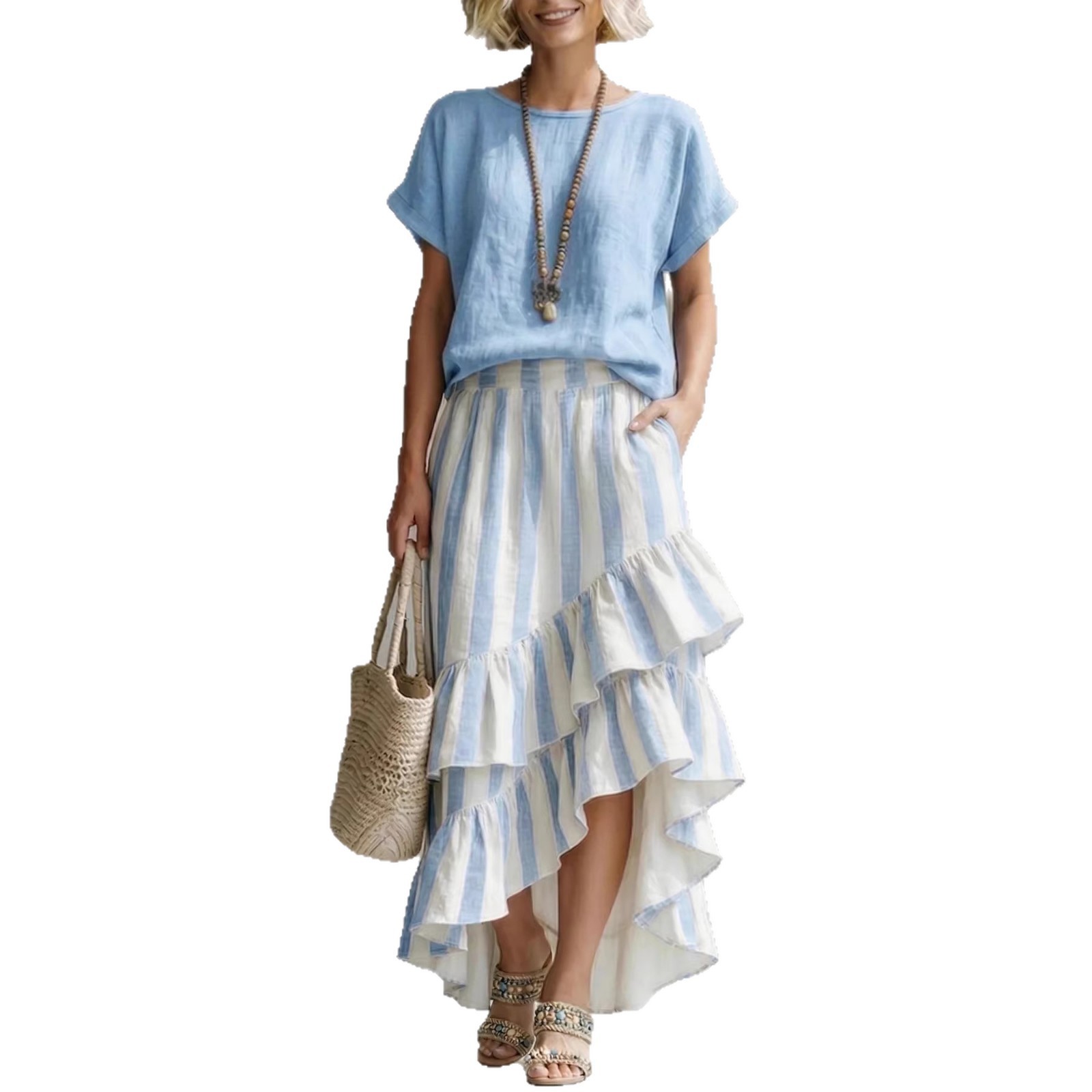 Cozy Loose-fit Striped Cotton-linen Two-piece Set