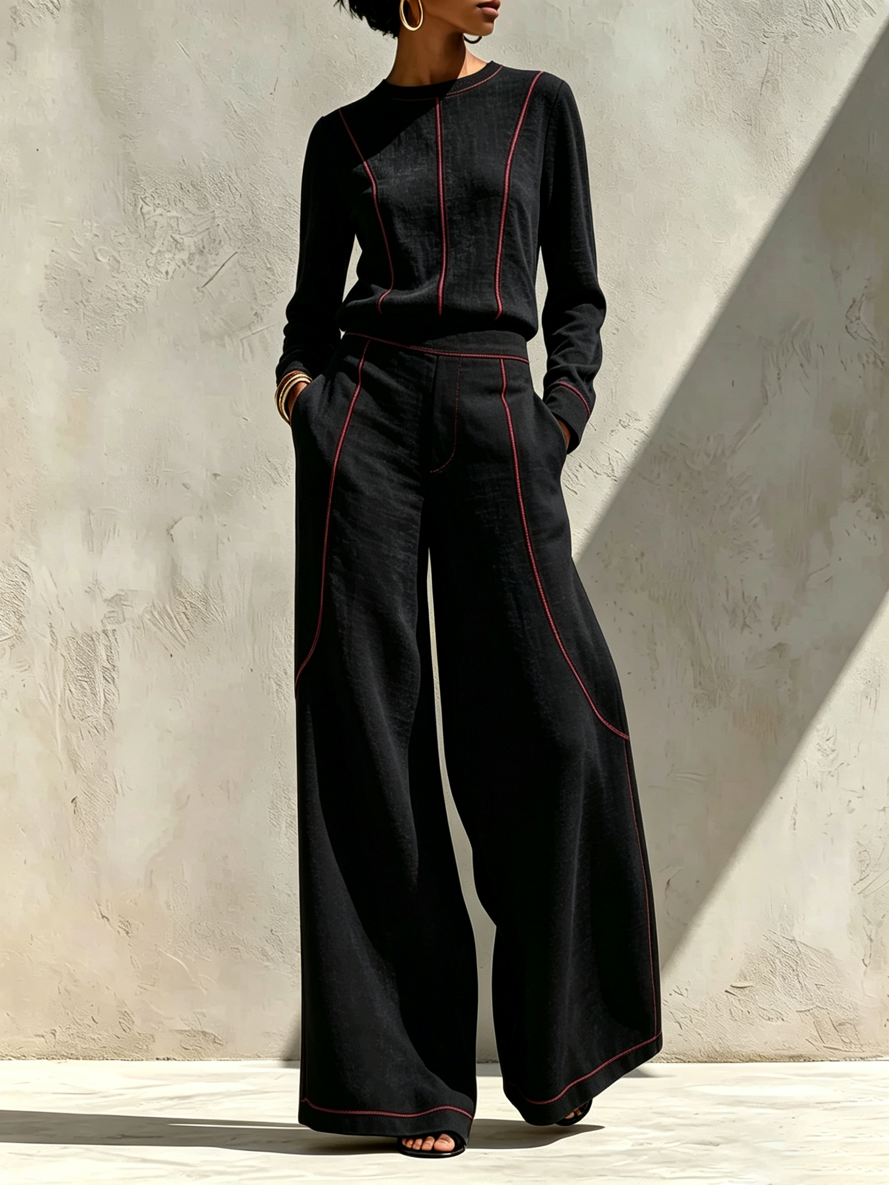 Contrast Stitch Linen Matching Two Piece Set | Long Sleeve Crew Neck Top & High Waist Wide Leg Pants