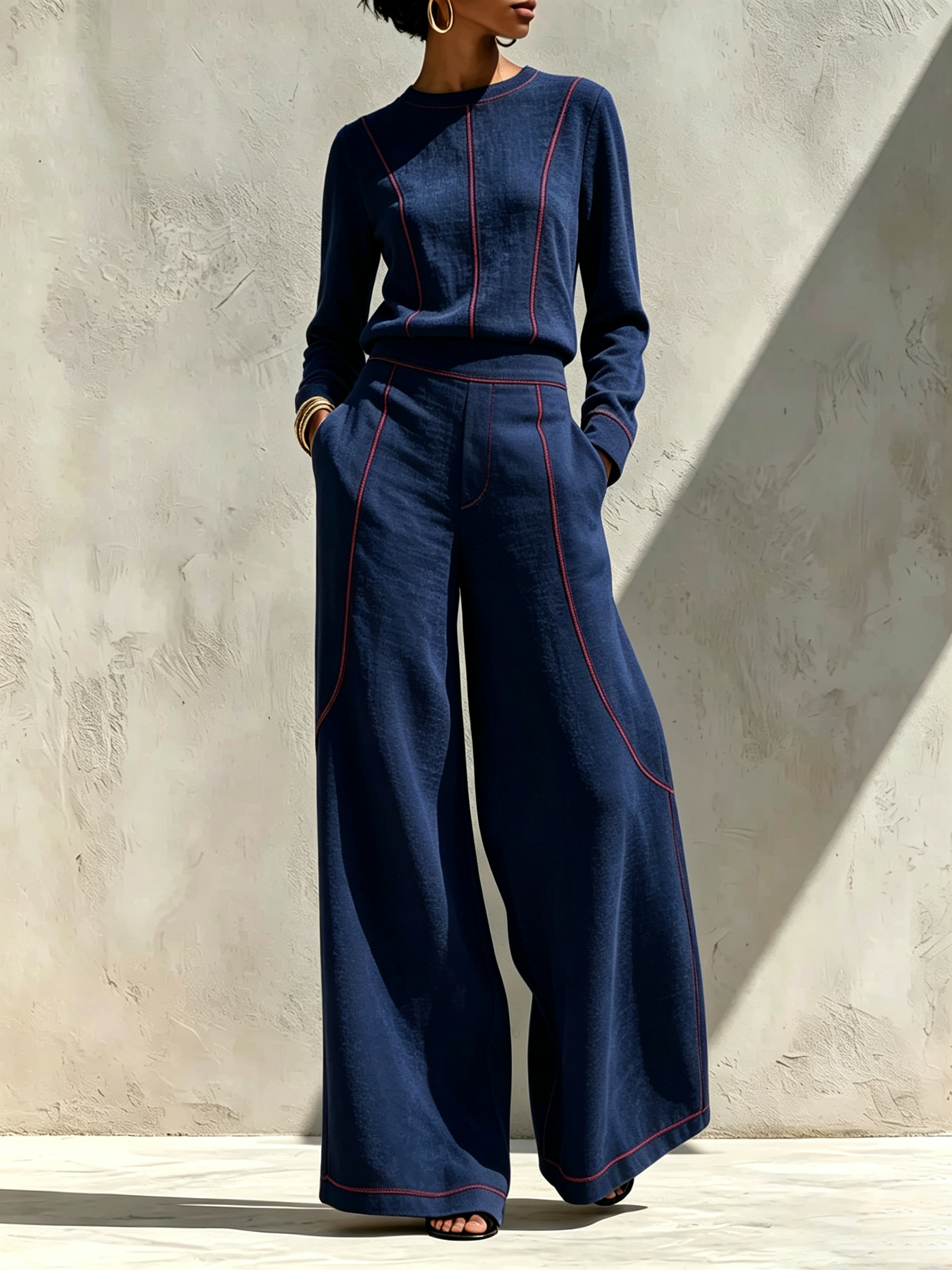 Contrast Stitch Linen Matching Two Piece Set | Long Sleeve Crew Neck Top & High Waist Wide Leg Pants
