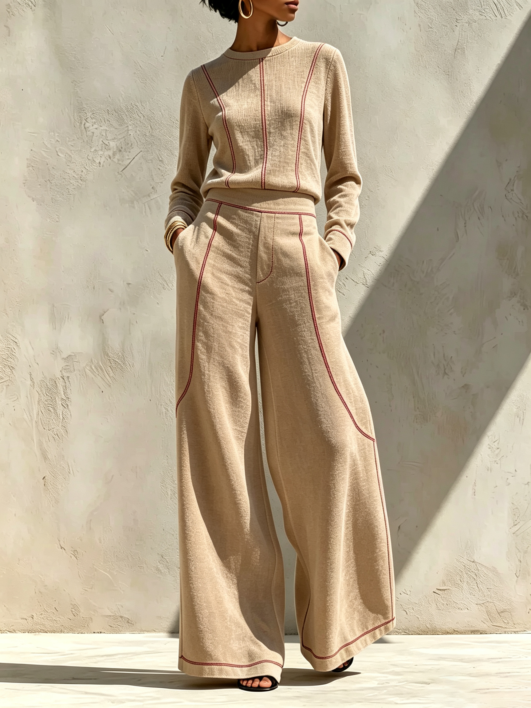 Contrast Stitch Linen Matching Two Piece Set | Long Sleeve Crew Neck Top & High Waist Wide Leg Pants