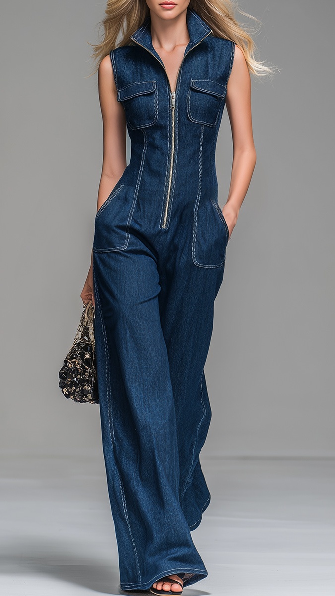 Women's Faux-Denim Retro Stand-Collar Sleeveless Zip-Front Jumpsuit