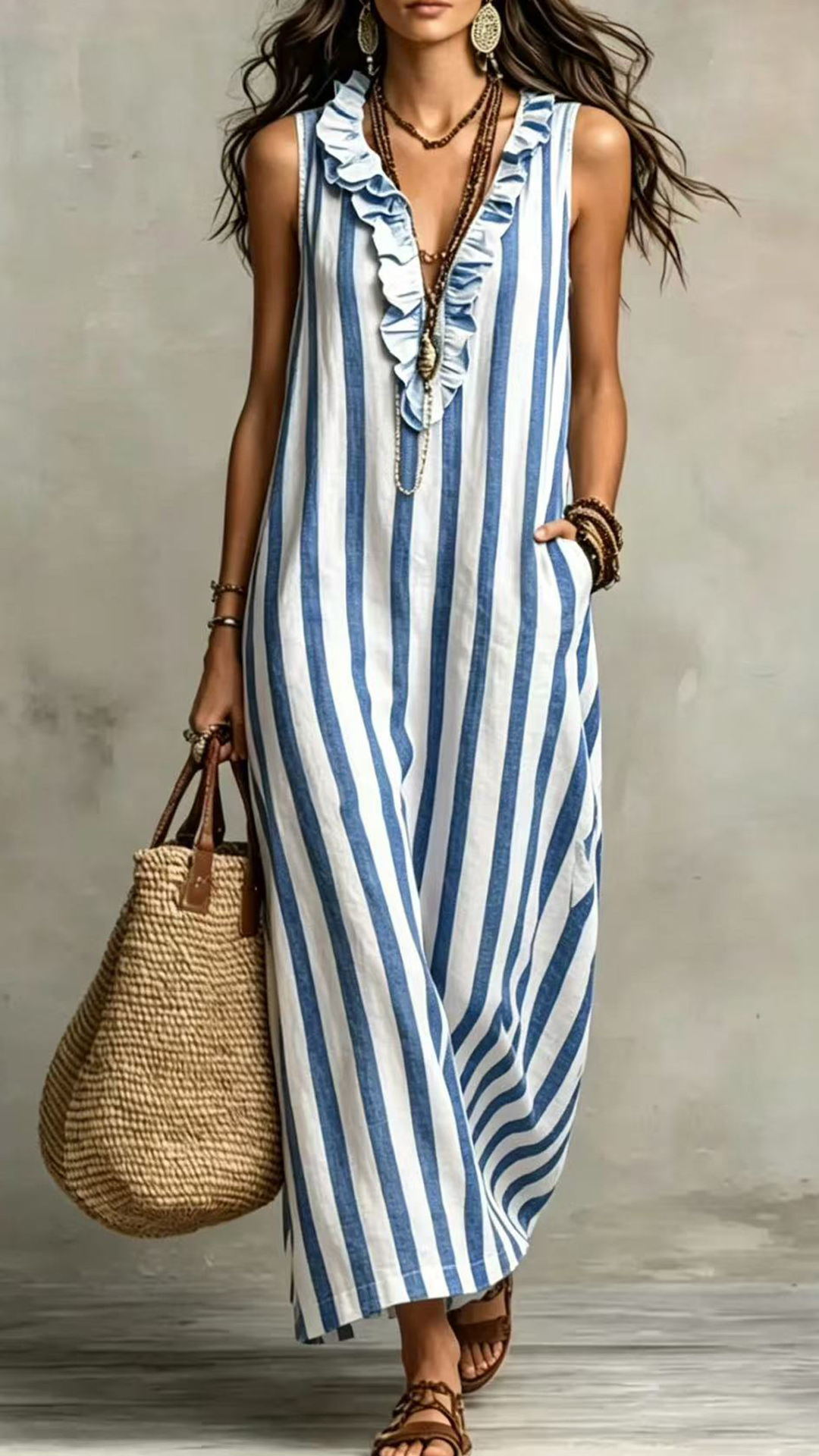 Women's Cotton-Blend Striped Sleeveless Maxi Dress