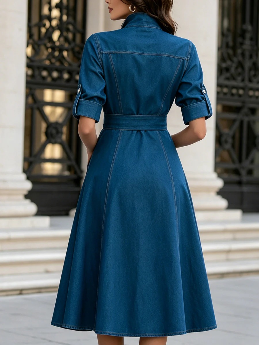 Short Sleeves Structured Belt Denim A-Line Dress