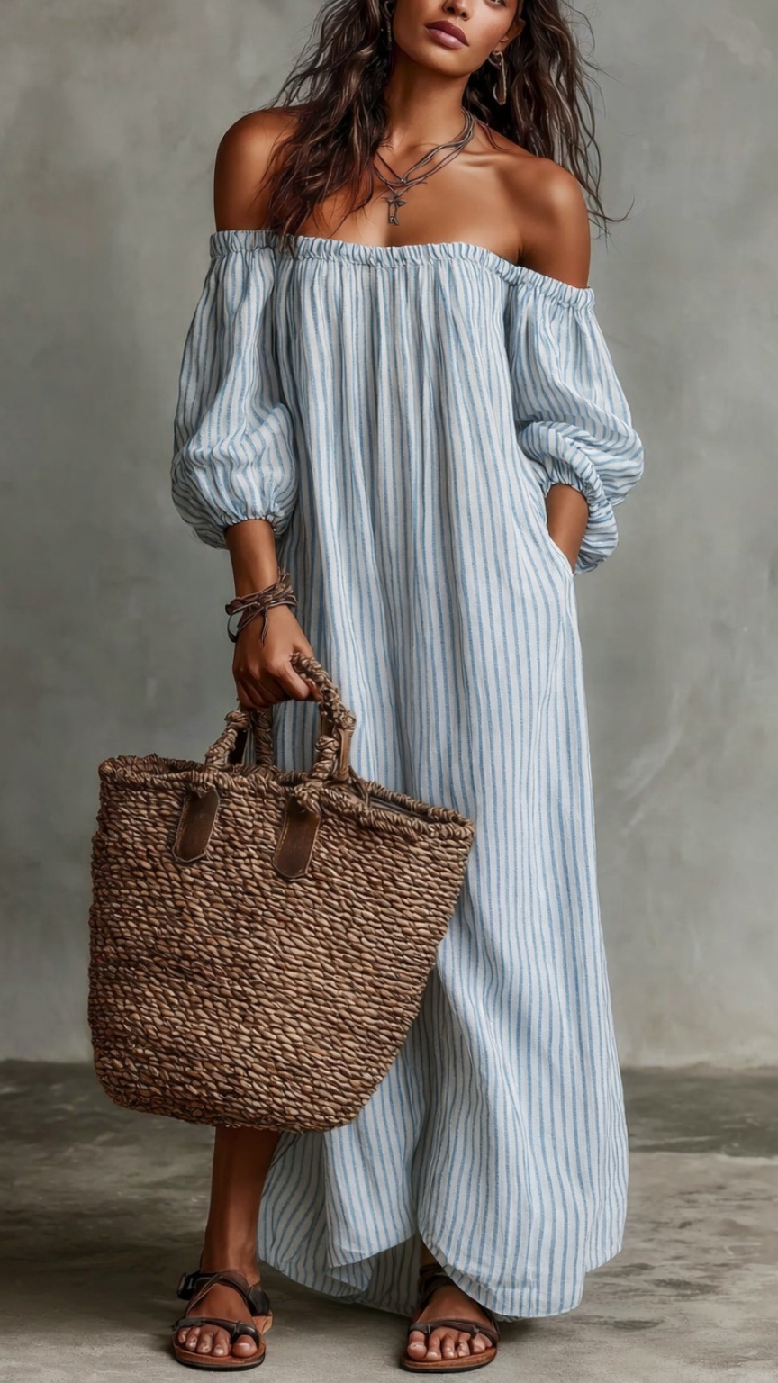 Women's Striped Off-Shoulder Cotton-Linen Vacation-Style Dress