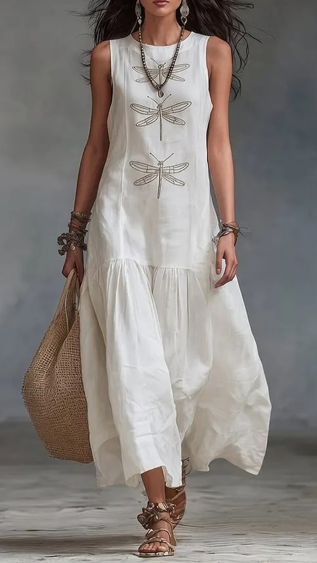 Women's Cotton-Blend Dragonfly Print Sleeveless Maxi Dress
