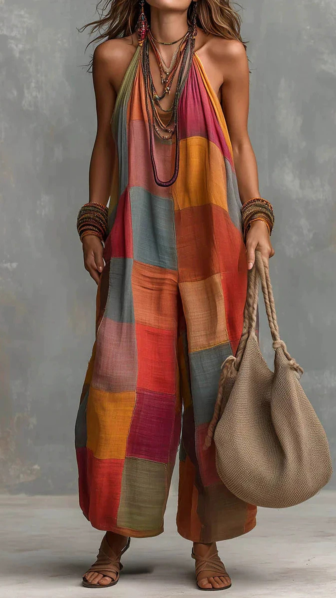 Women's Cotton-Blend Patchwork Halter Wide-Leg Jumpsuit