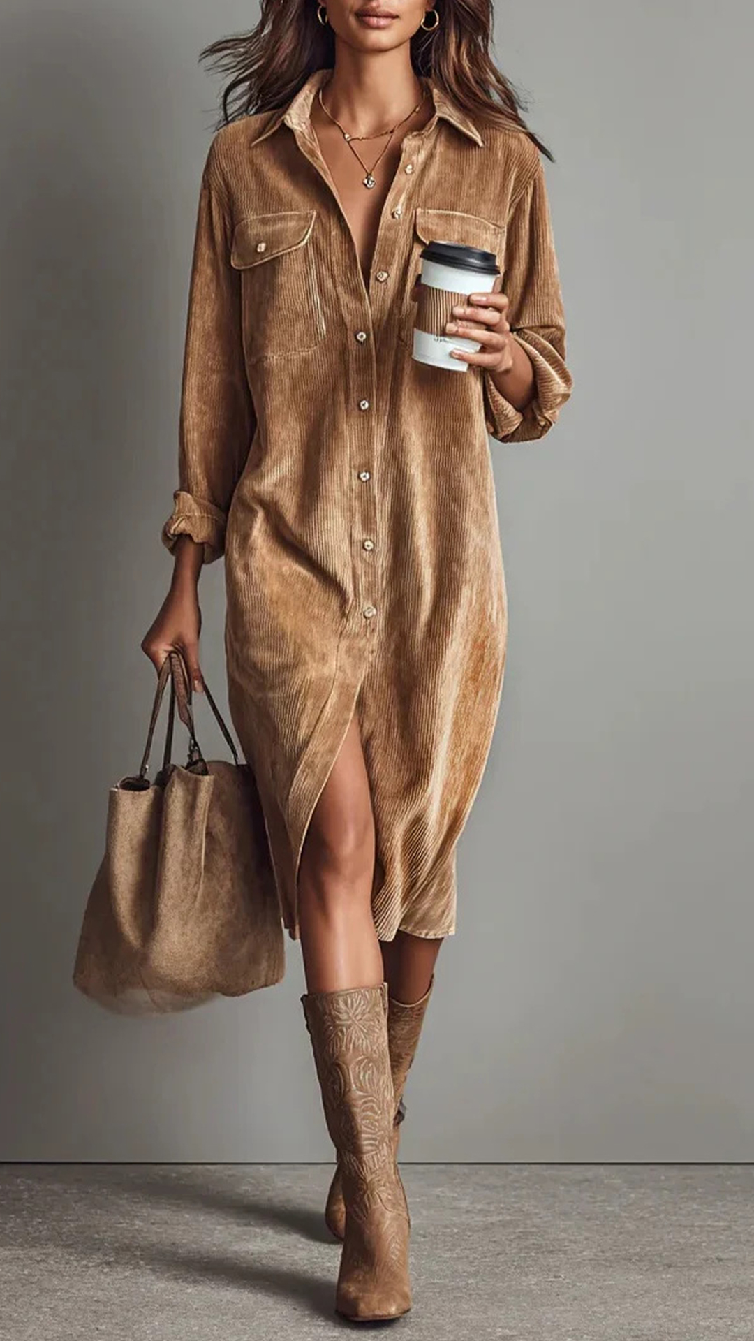 Women's Solid color corduroy long sleeved lapel shirt loose long skirt