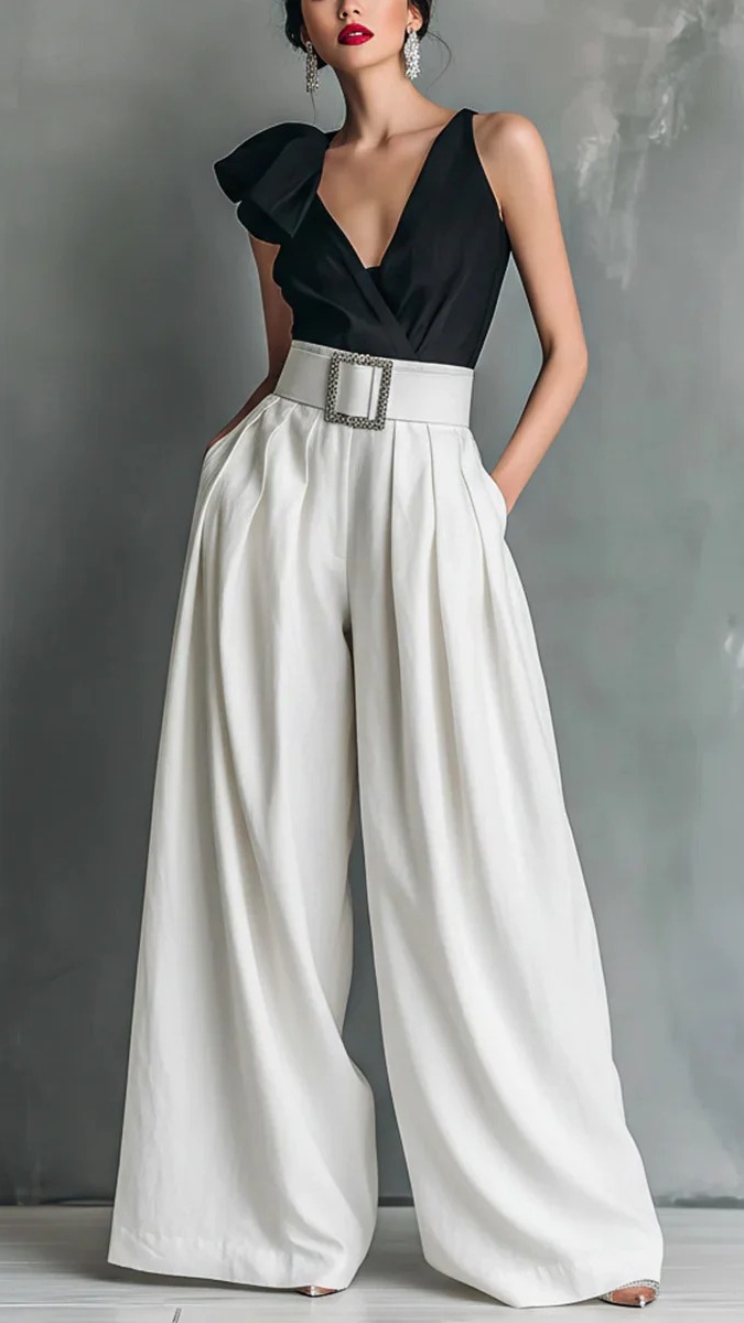 Women's High-Waisted, Loose-Fit, Solid-Color Business Casual Trousers
