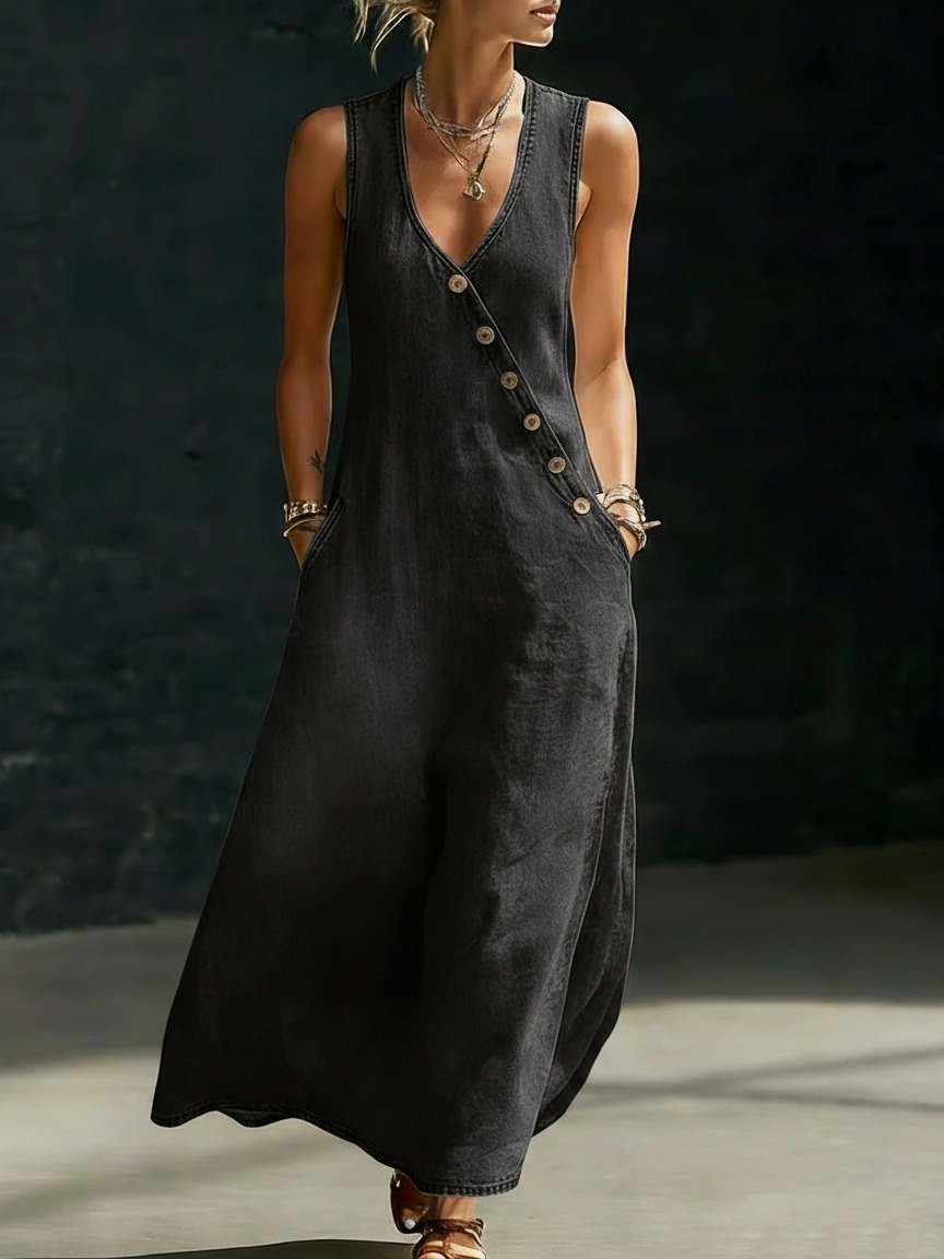 Denim-Look V-Neck Sleeveless Button Detail Maxi Dress