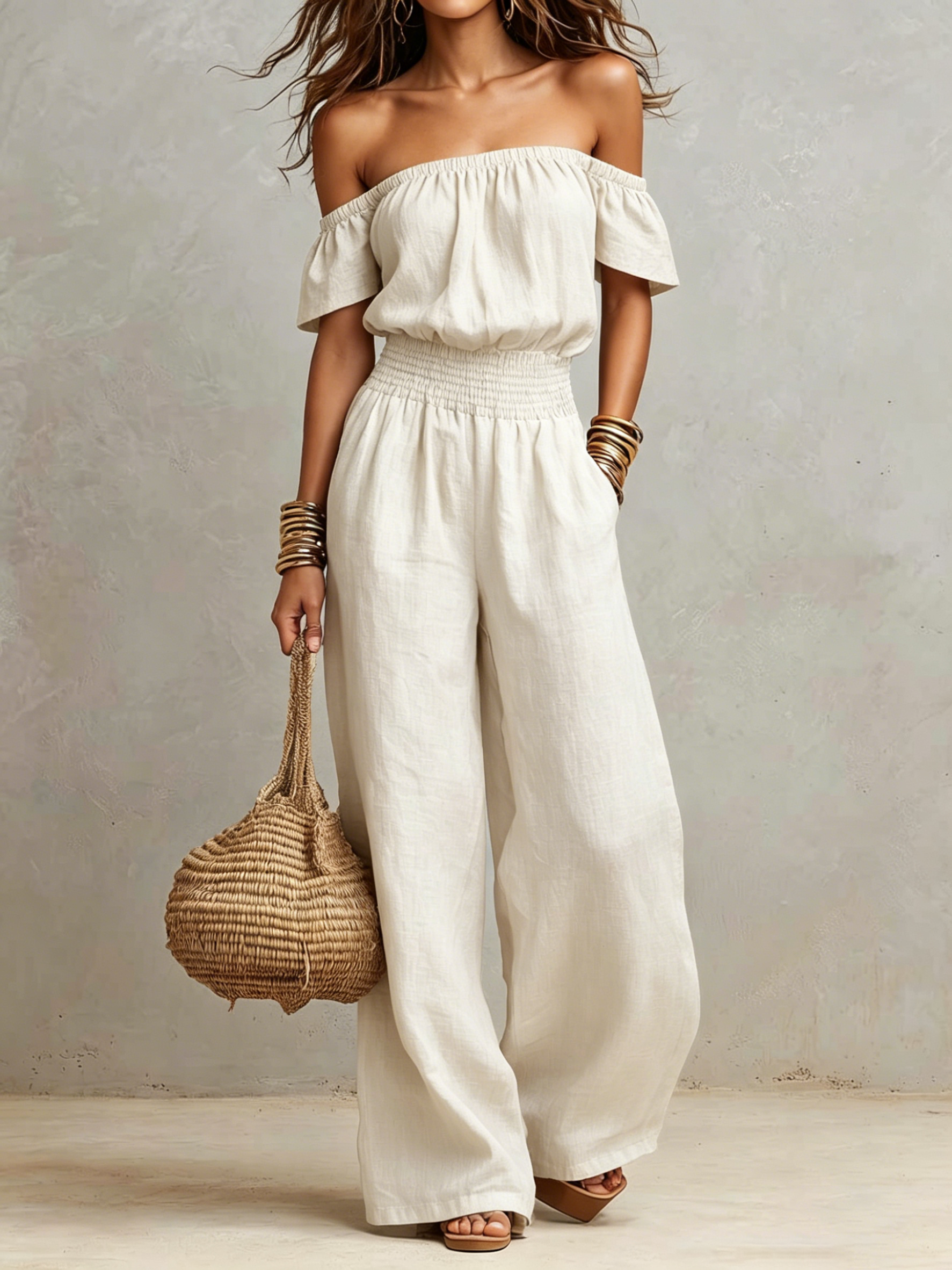 Linen-Look Off-Shoulder Smocked Waist Jumpsuit