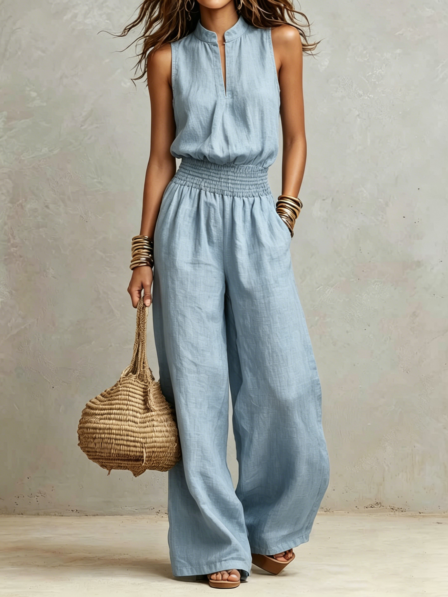 ✨ Neutral Linen-Blend Sleeveless Jumpsuit