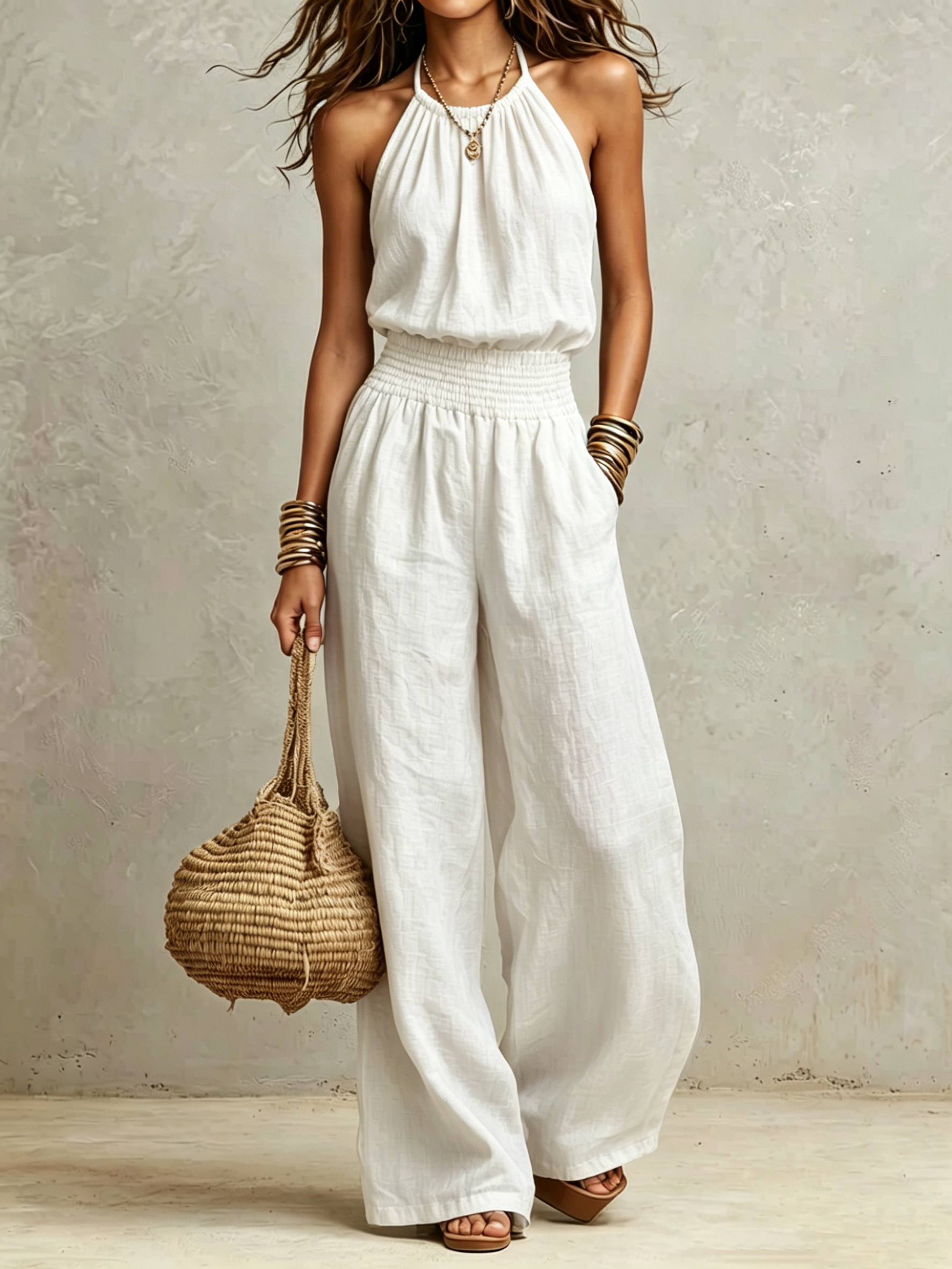 Chic Gathered Halter Smocked Waist Wide Leg Jumpsuit