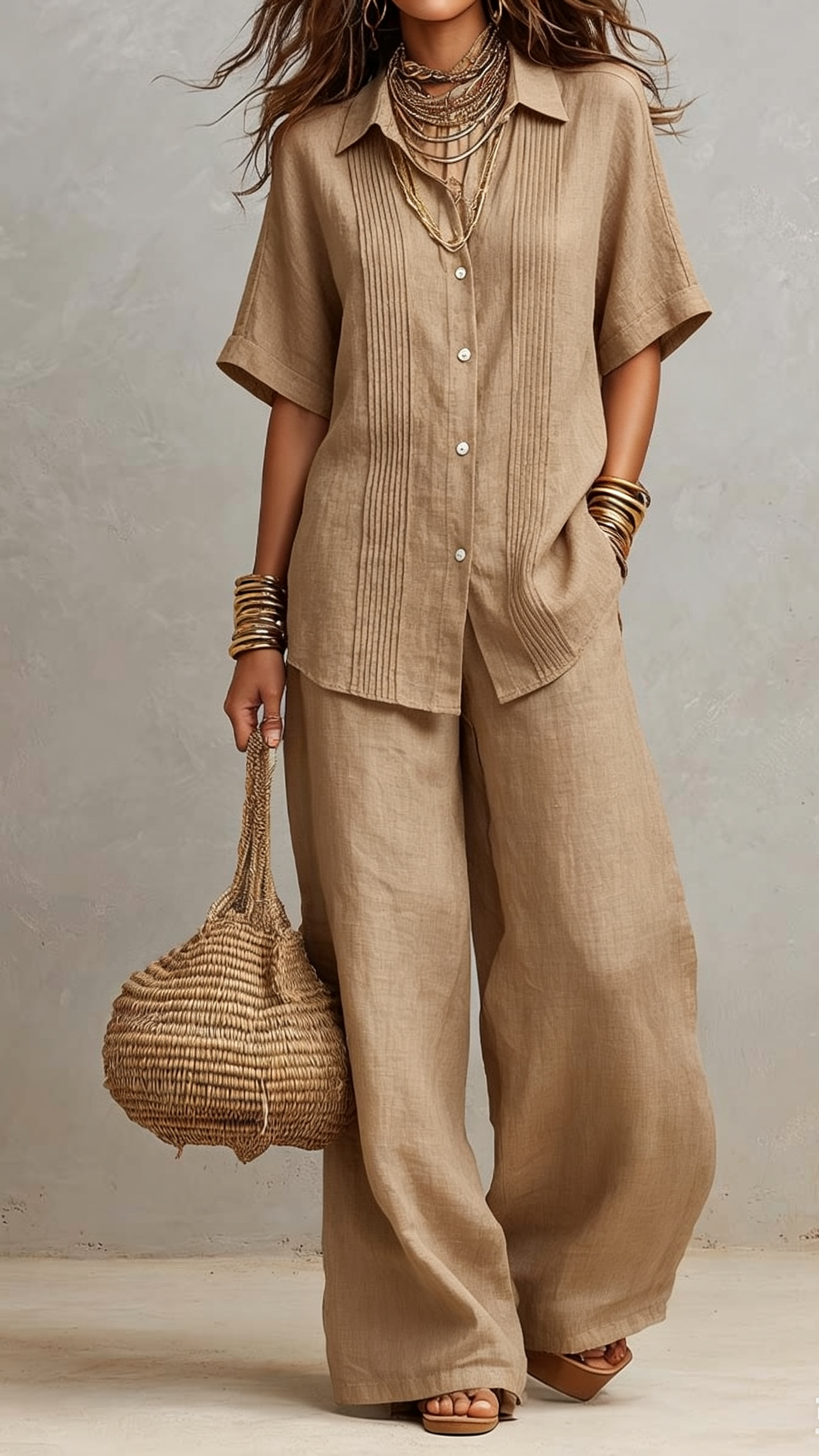 🌞 Vertical Pleated Collared Shirt & Drawstring Wide Leg Linen Two-Piece Set | Your Essential Spring & Summer Co-Ord