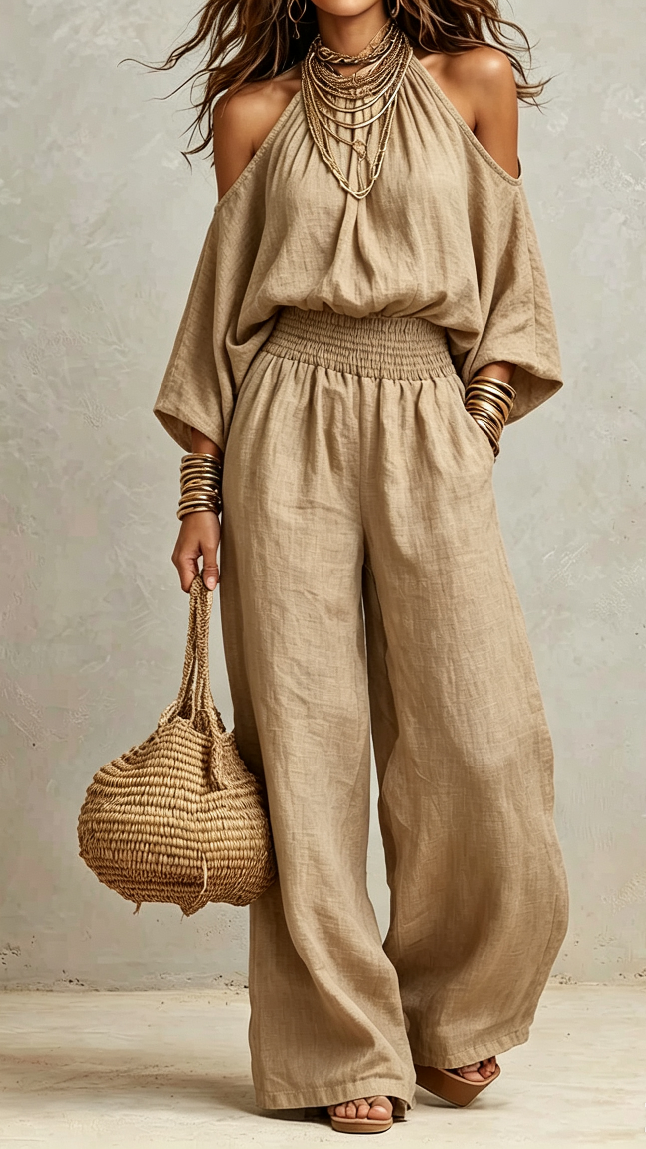 🔥 Halter Cold Shoulder Smocked Waist Wide Leg Linen Jumpsuit – Your Effortless One-Piece Summer Essential