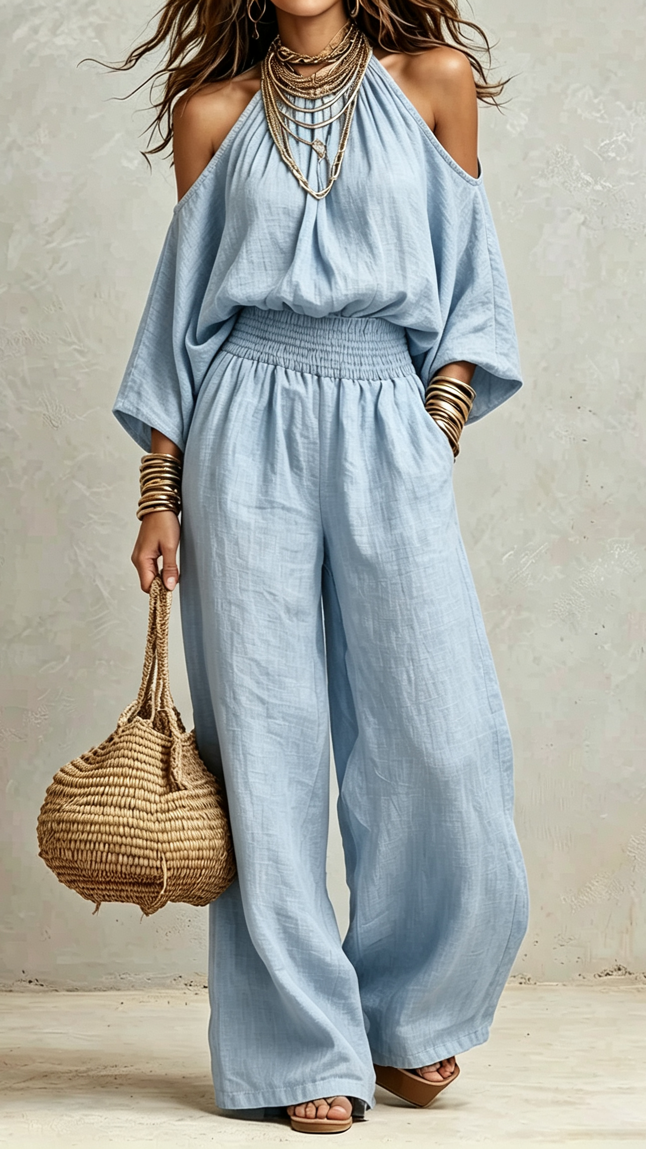 🔥 Halter Cold Shoulder Smocked Waist Wide Leg Linen Jumpsuit – Your Effortless One-Piece Summer Essential