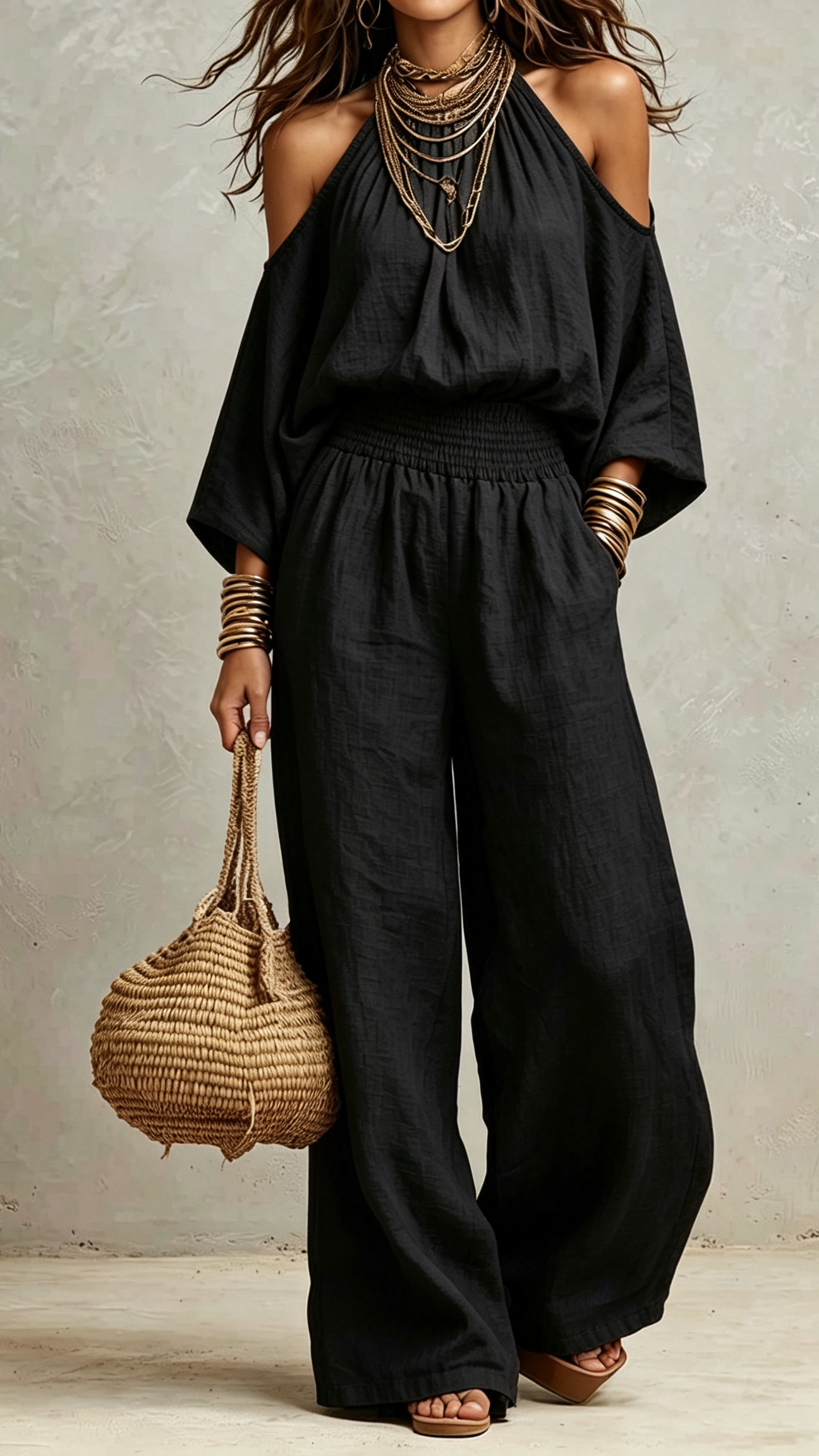 🔥 Halter Cold Shoulder Smocked Waist Wide Leg Linen Jumpsuit – Your Effortless One-Piece Summer Essential