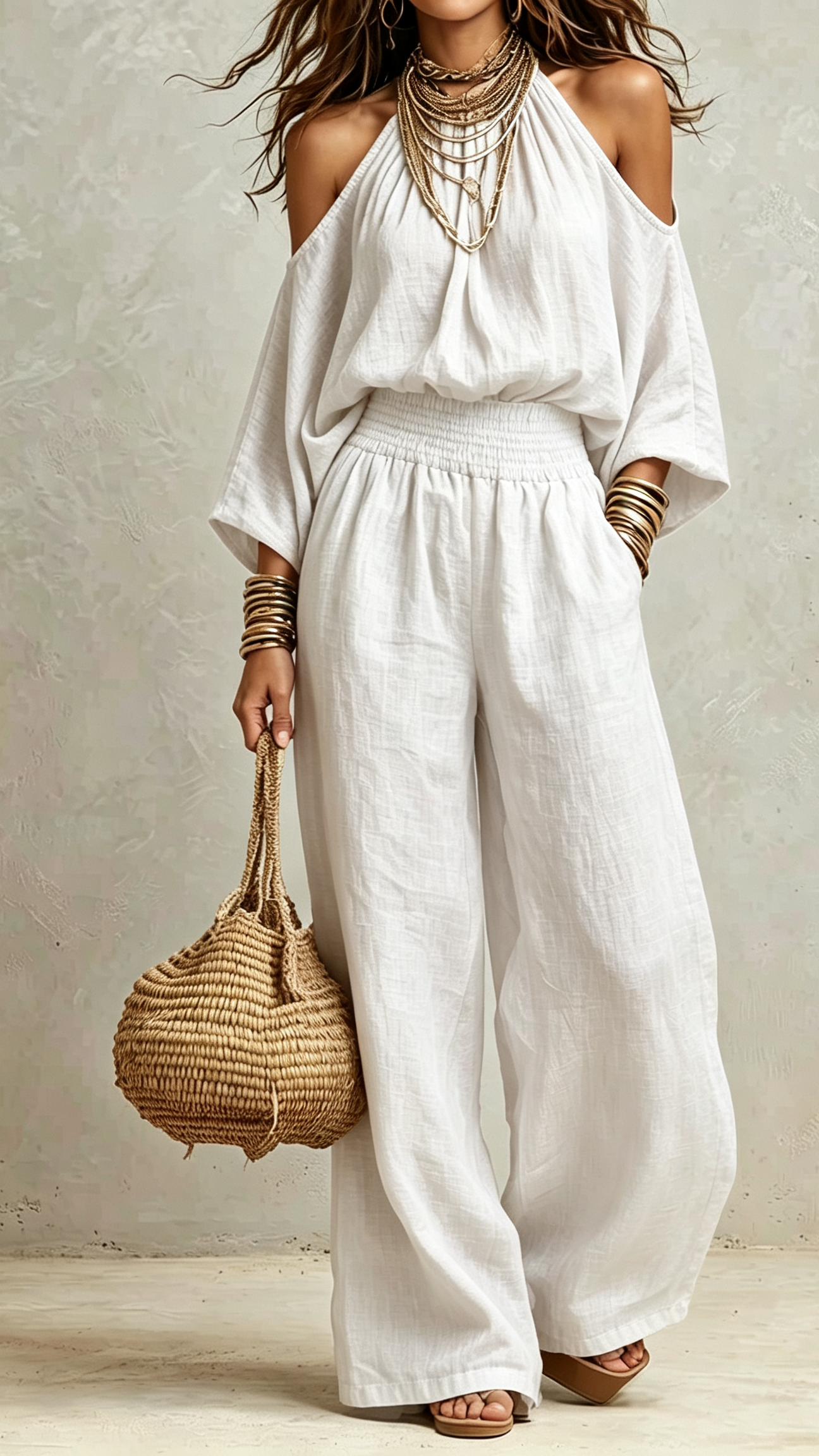 🔥 Halter Cold Shoulder Smocked Waist Wide Leg Linen Jumpsuit – Your Effortless One-Piece Summer Essential