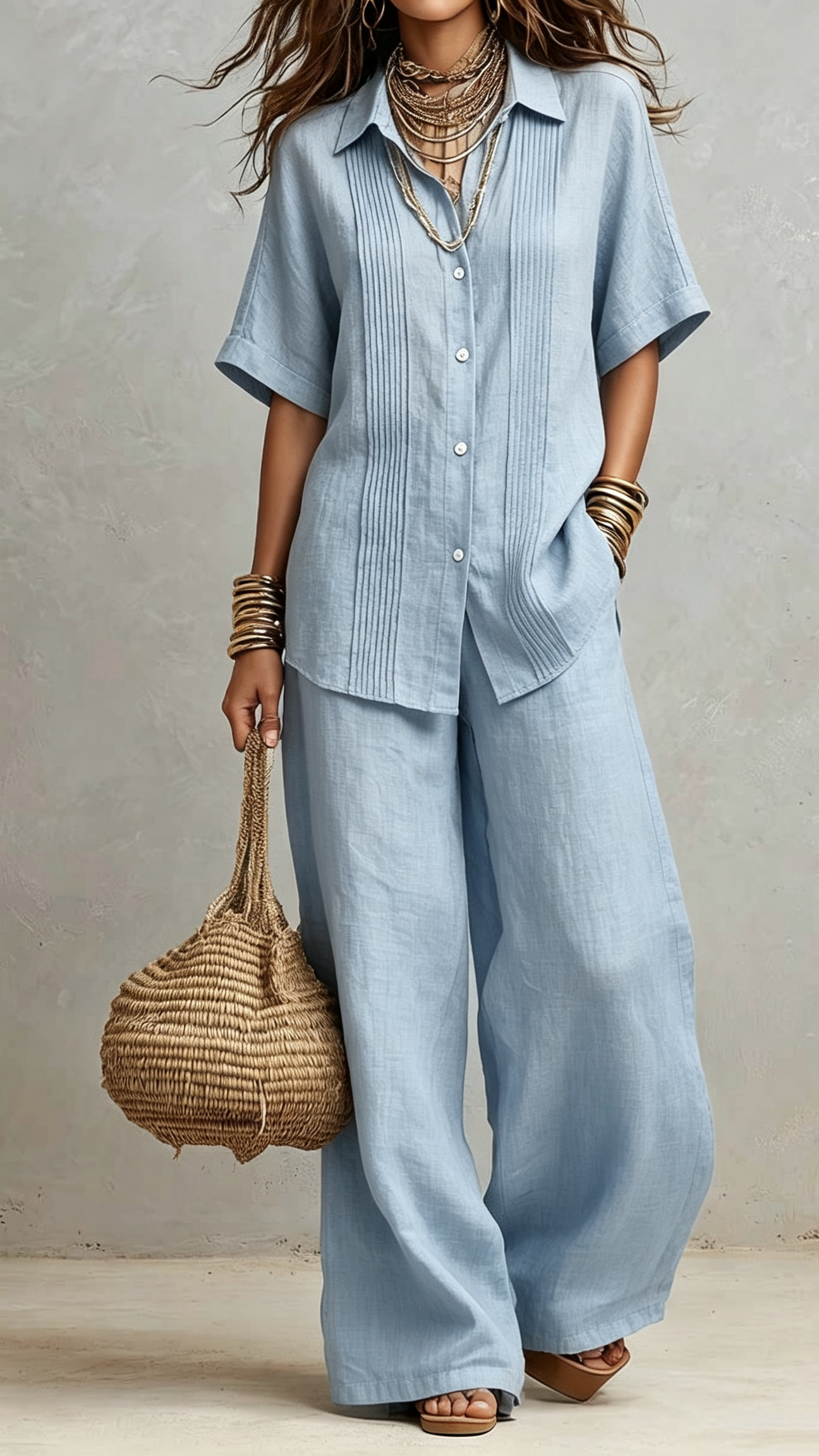 🌞 Vertical Pleated Collared Shirt & Drawstring Wide Leg Linen Two-Piece Set | Your Essential Spring & Summer Co-Ord