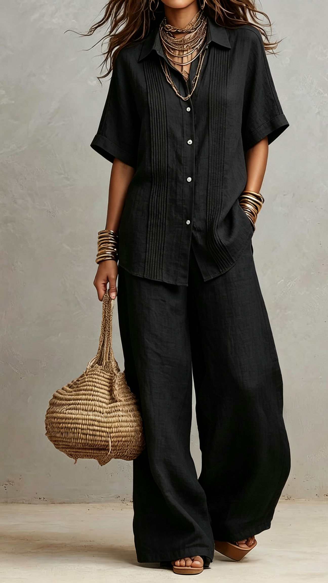 🌞 Vertical Pleated Collared Shirt & Drawstring Wide Leg Linen Two-Piece Set | Your Essential Spring & Summer Co-Ord