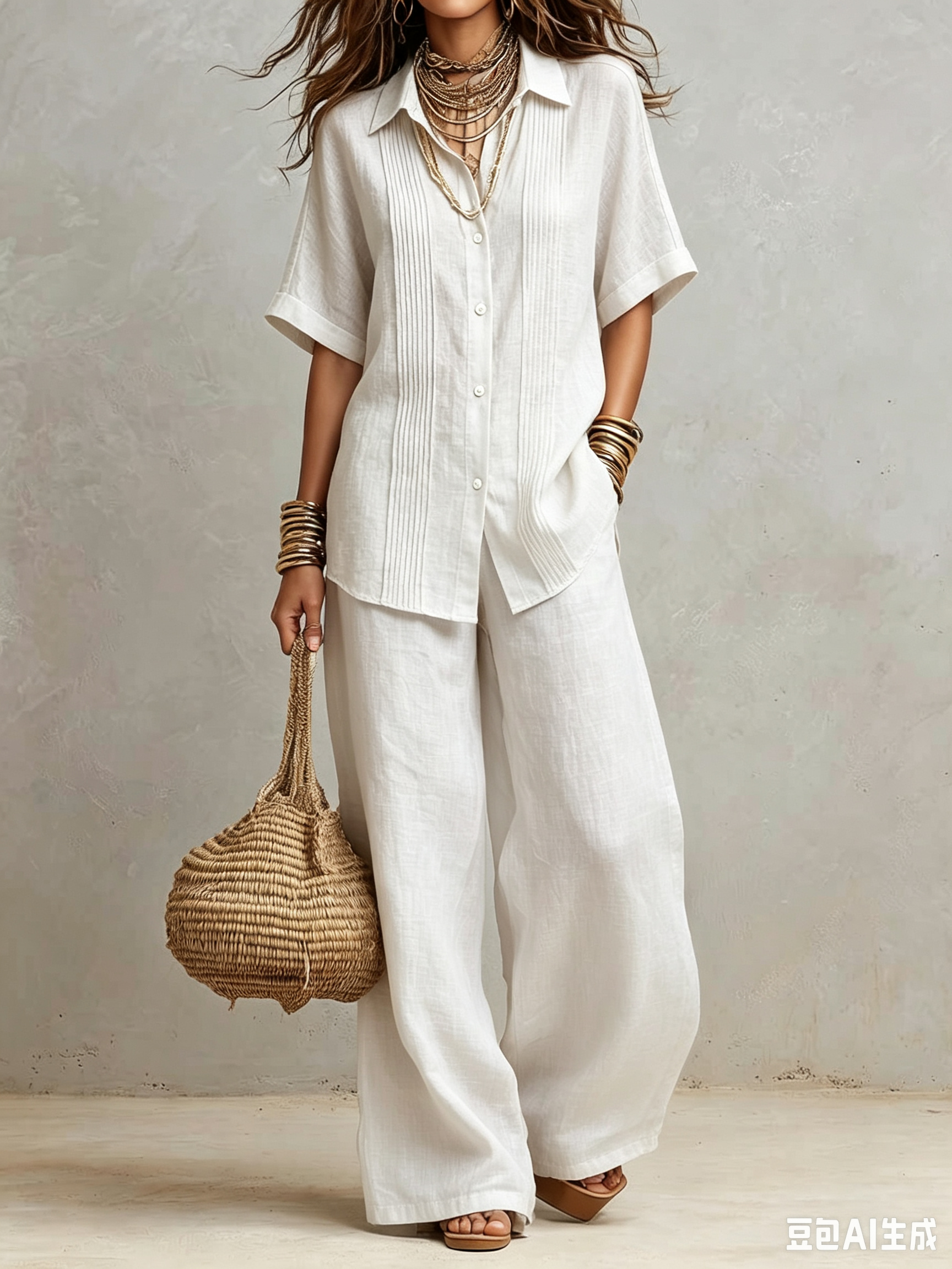 🌞 Vertical Pleated Collared Shirt & Drawstring Wide Leg Linen Two-Piece Set | Your Essential Spring & Summer Co-Ord