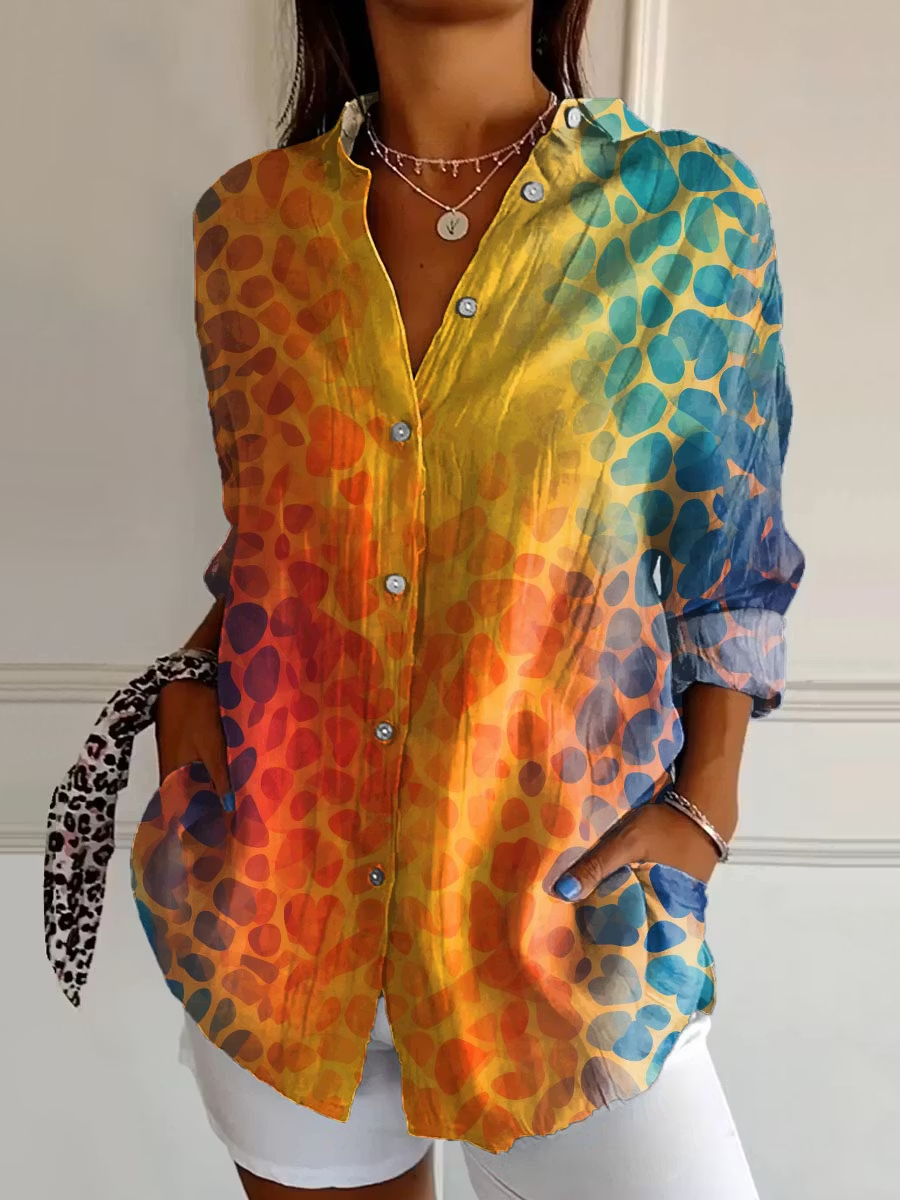 Women's Vintage Floral Print Loose Washed Denim Style Long Sleeve Button Shirt