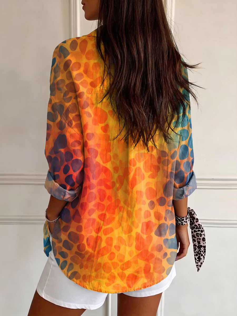 Women's Vintage Floral Print Loose Washed Denim Style Long Sleeve Button Shirt