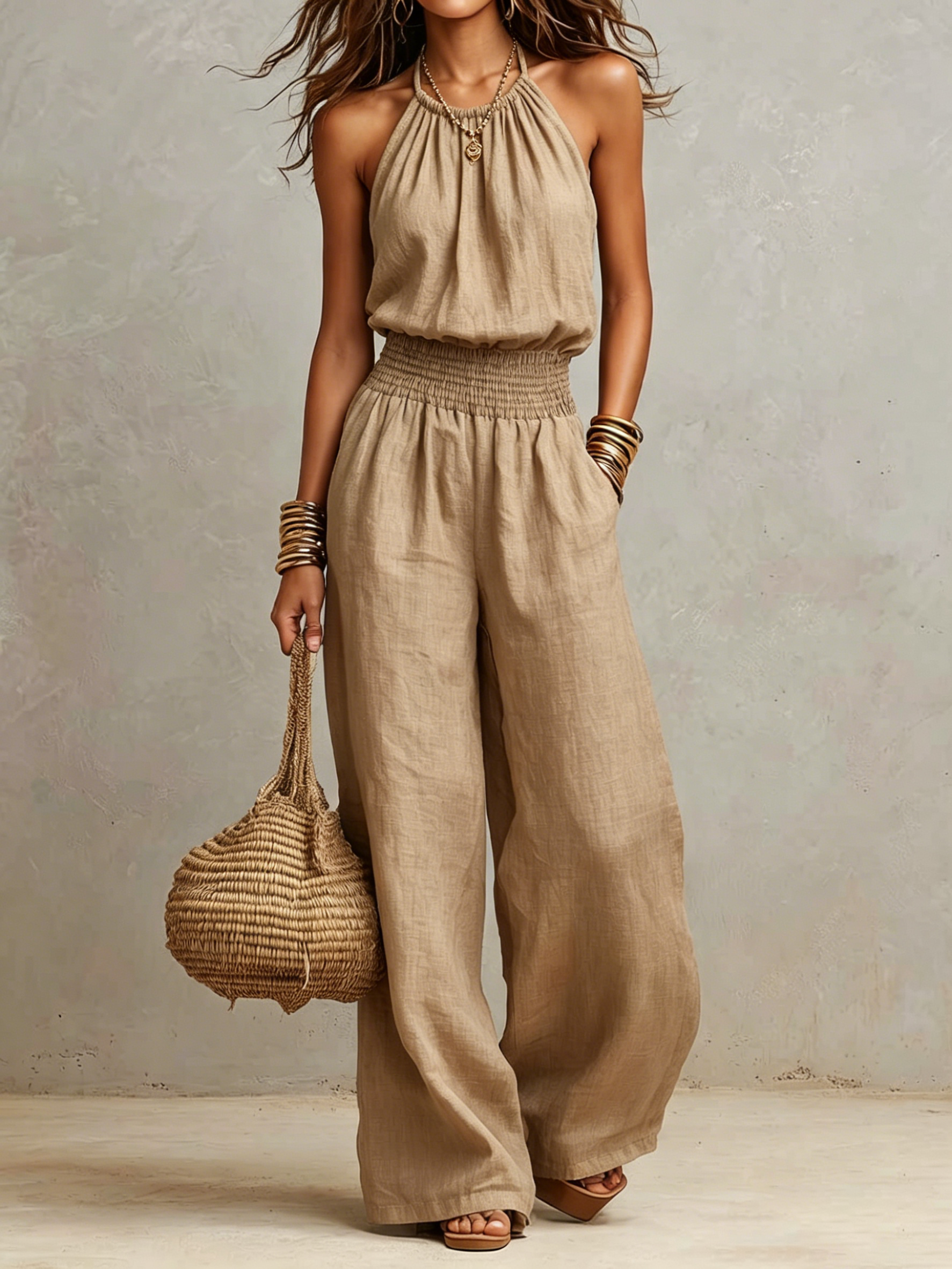 Chic Gathered Halter Smocked Waist Wide Leg Jumpsuit