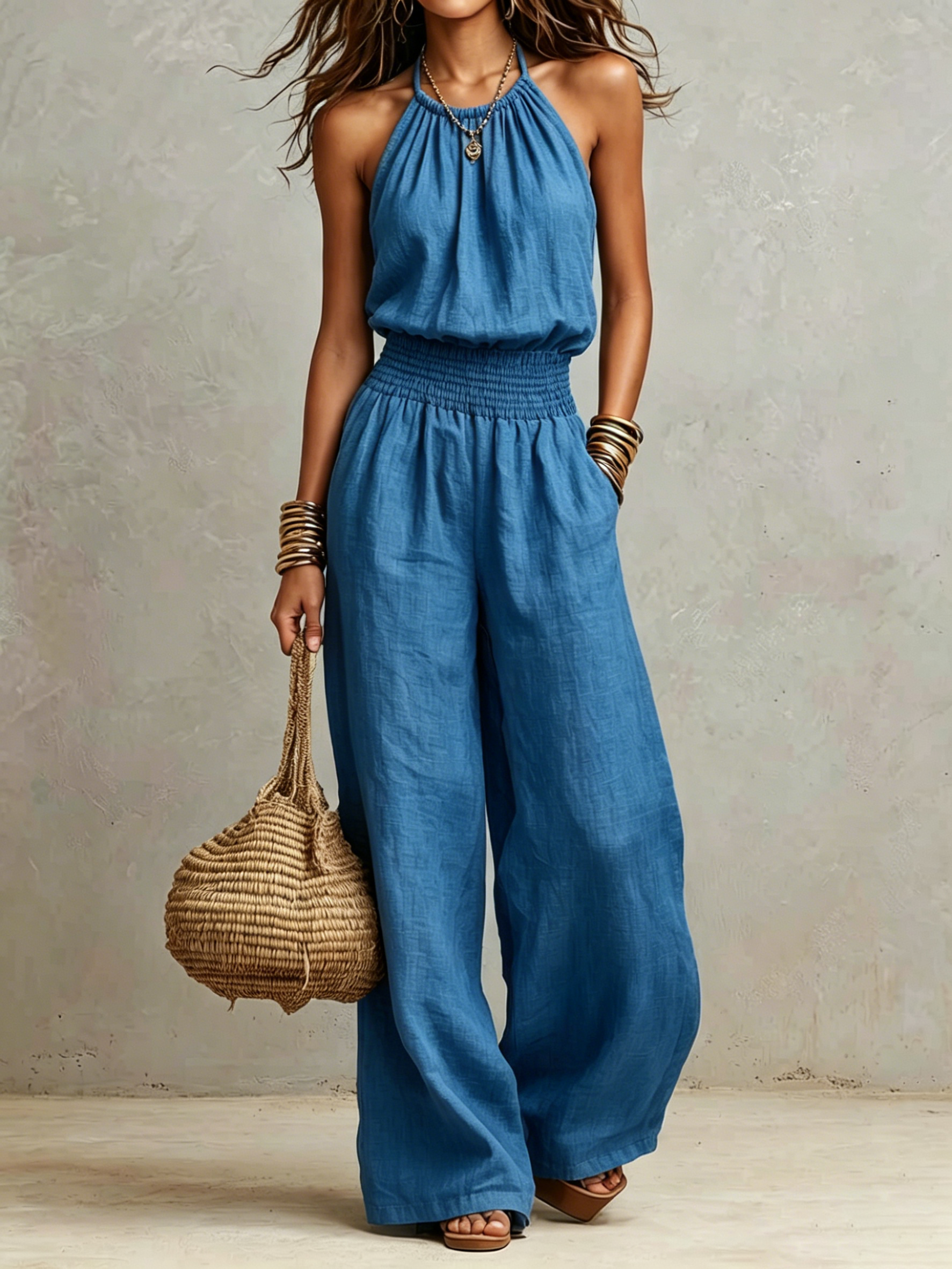 Chic Gathered Halter Smocked Waist Wide Leg Jumpsuit