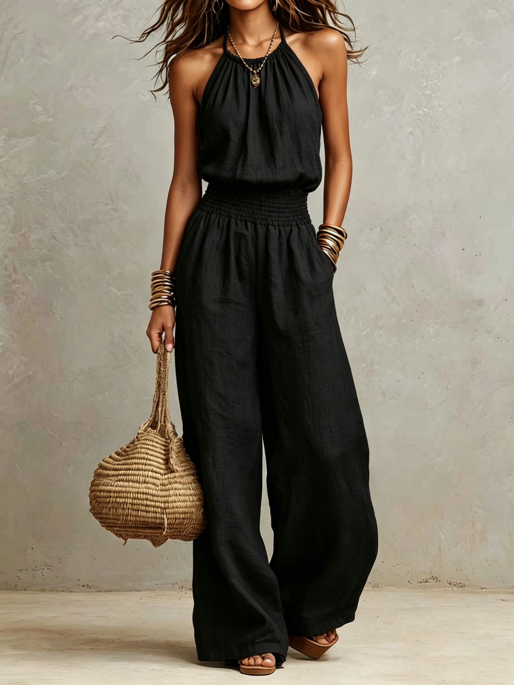 Chic Gathered Halter Smocked Waist Wide Leg Jumpsuit