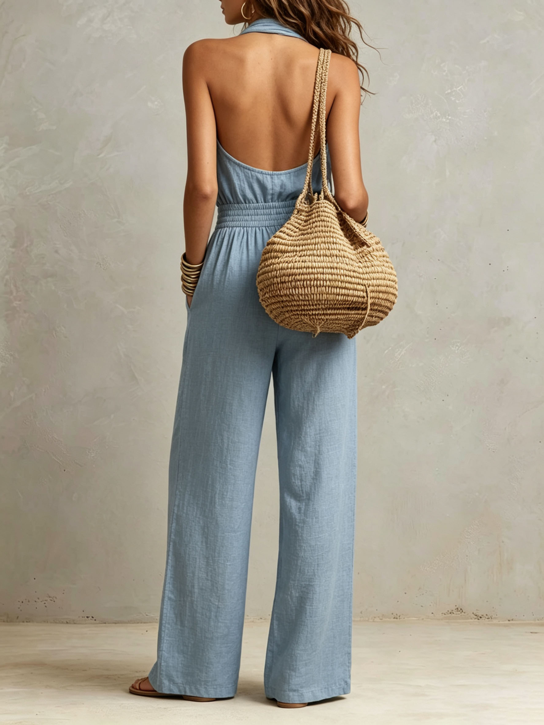 Cross Halter Linen Wide Leg Jumpsuit