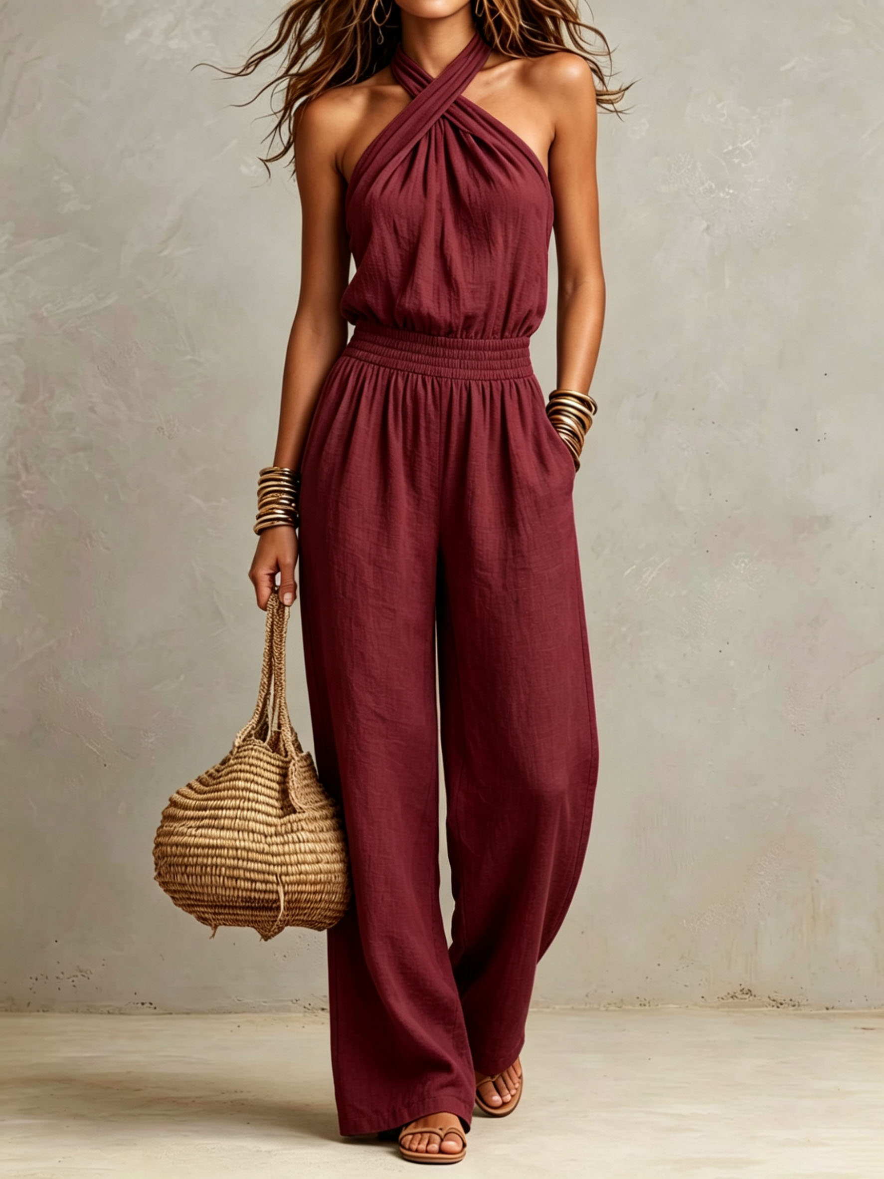Cross Halter Linen Wide Leg Jumpsuit
