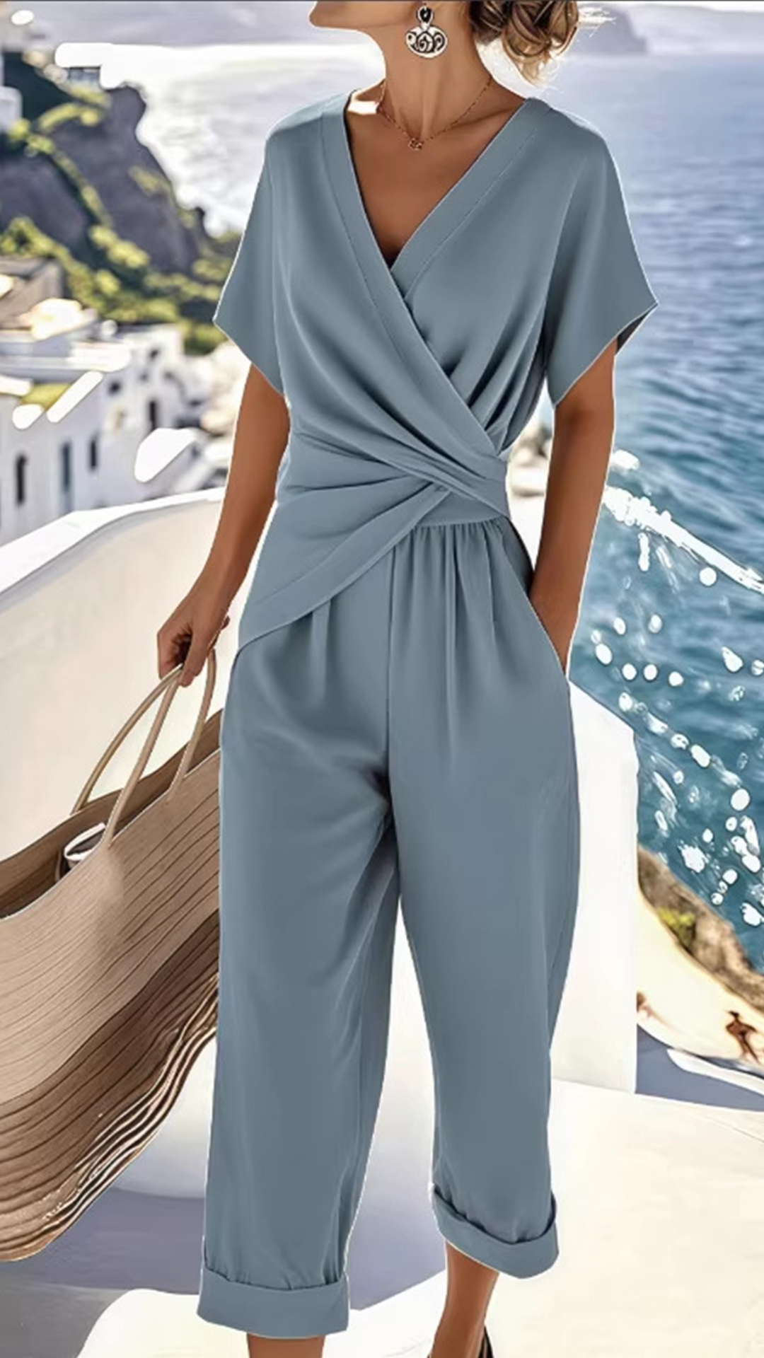 [Copy]Women's Casual V-Neck Striped Loose-Fit Matching Set