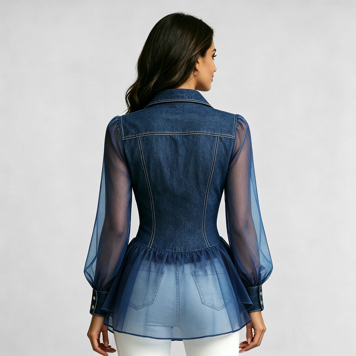 Women's Denim Patchwork Organza See Through Puff Sleeve Button Pockets Peplum Blouse