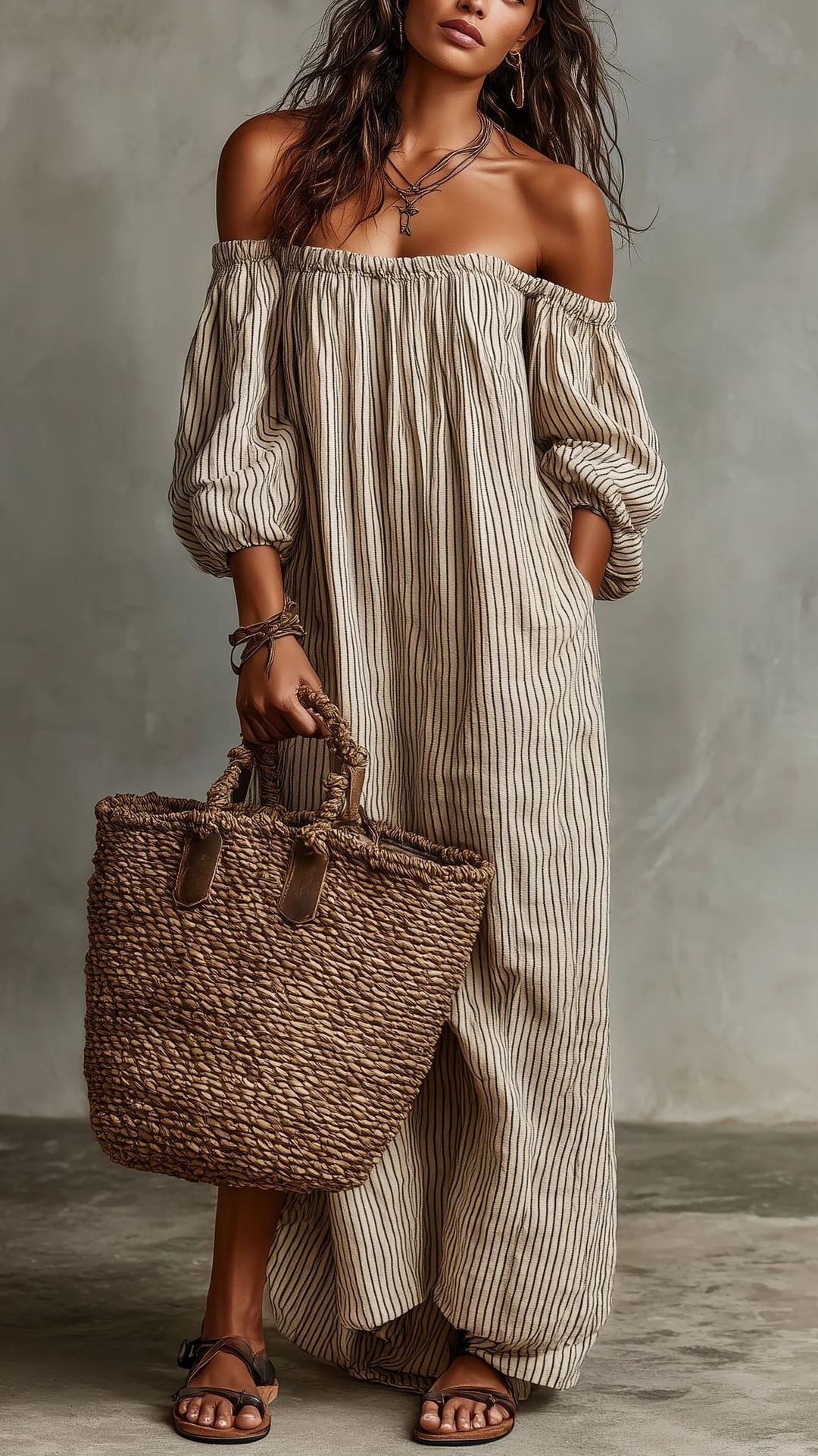 Women's Striped Off-Shoulder Cotton-Linen Vacation-Style Dress
