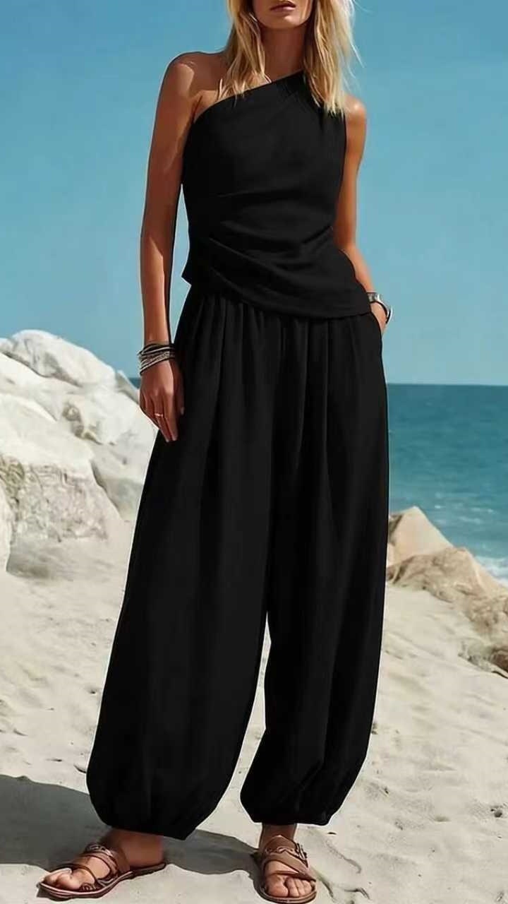 Women's Sleeveless Vest and Loose High-Waisted Trousers Two-Piece Set