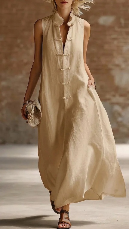 Women's Loose-Fit Stand-Collar Linen-Cotton Dress