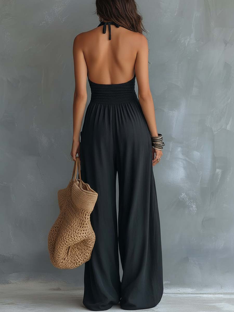 Retro Lace Halter-Neck Cotton-Linen Jumpsuit With Pockets