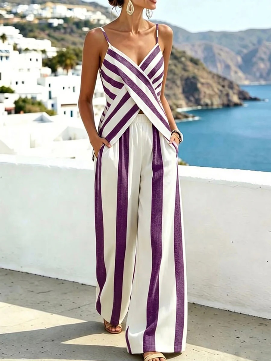 Striped V-Neck Sleeveless Loose Cotton-Linen Camisole And High-Waisted Loose Wide-Leg Pants Set