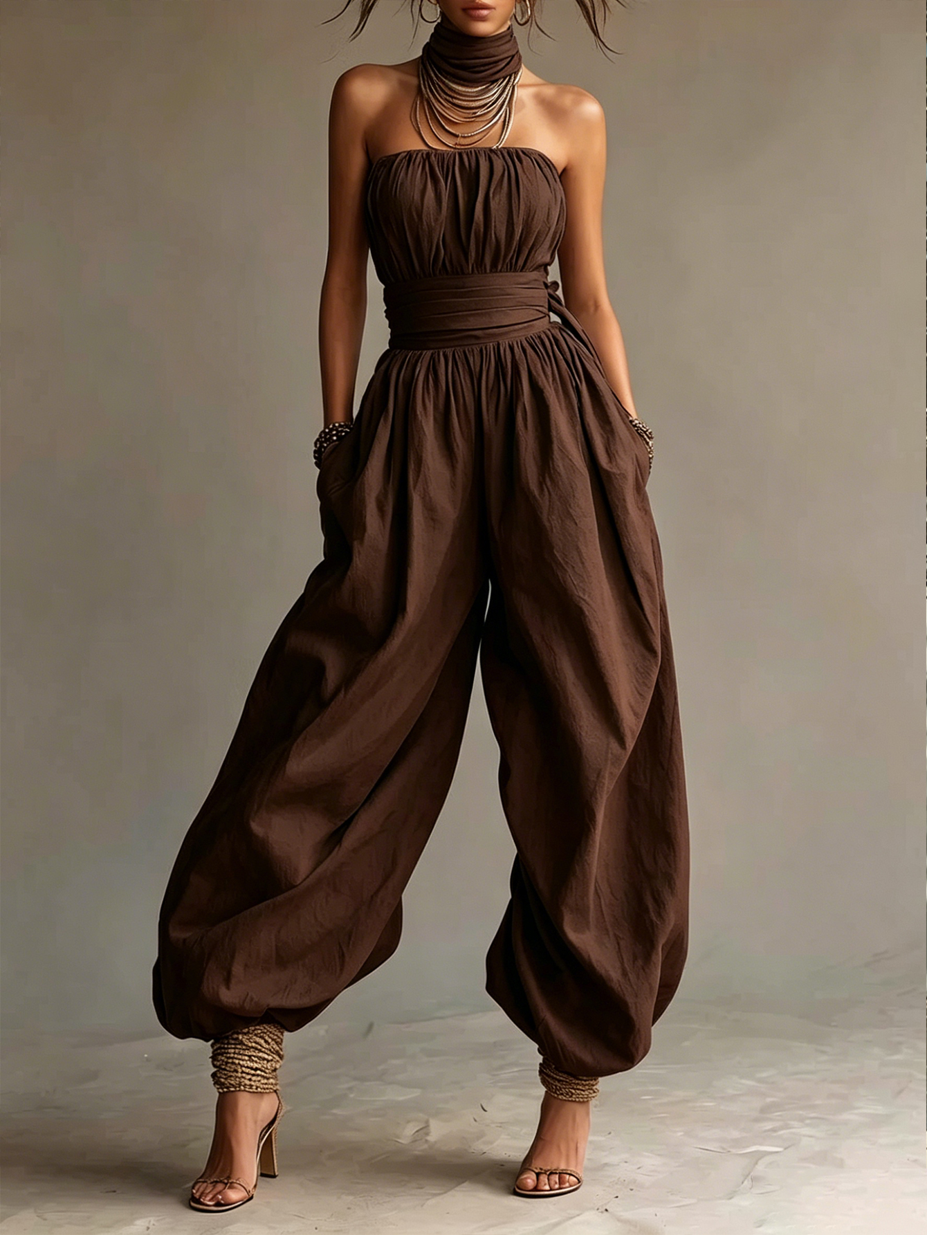 Bohemian Cotton Strapless Balloon-Leg Jumpsuit