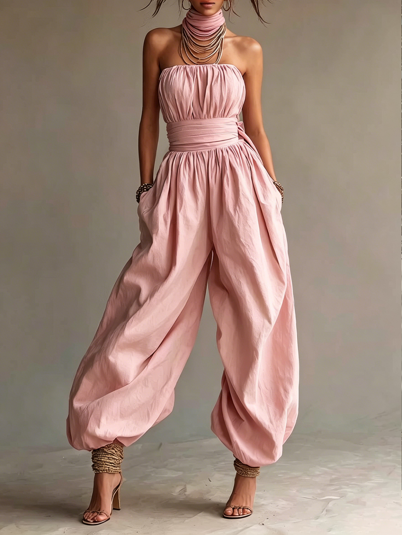 Bohemian Cotton Strapless Balloon-Leg Jumpsuit