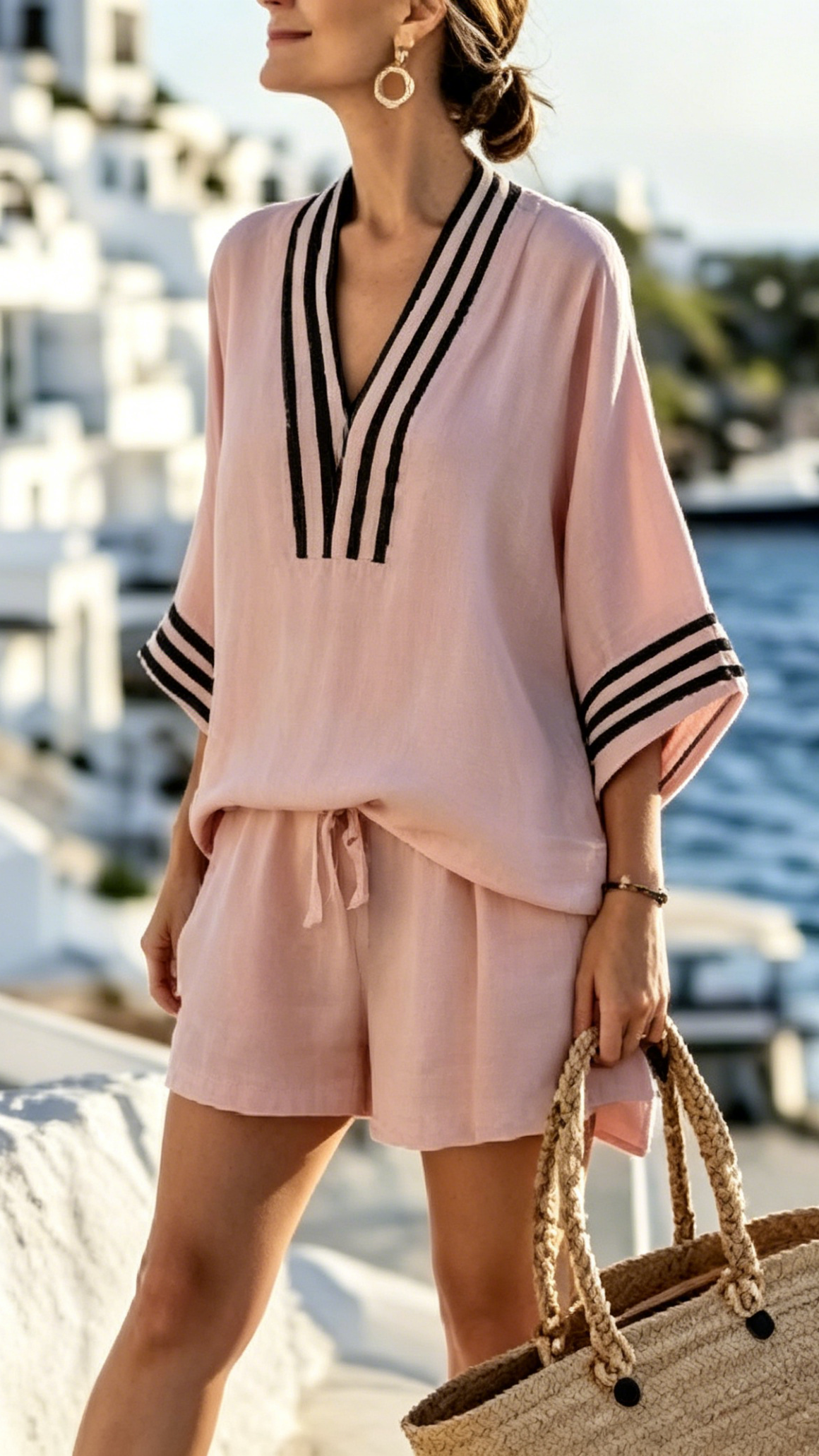 Women's V-Neck Striped Loose-Fit Casual Two-Piece Set